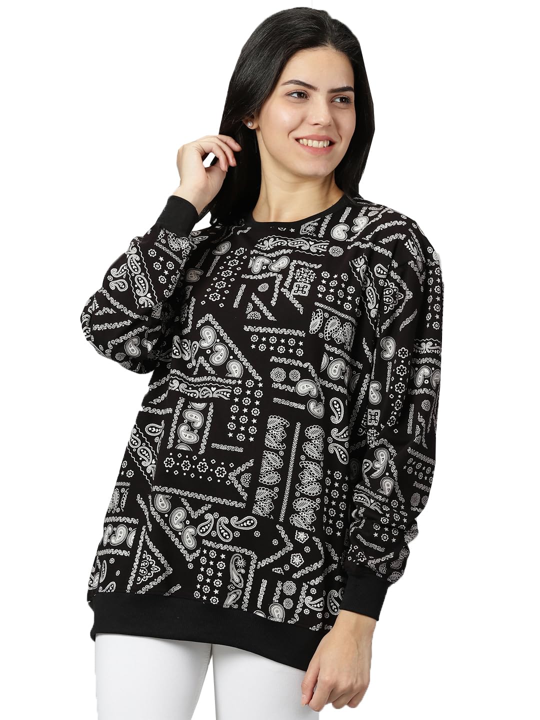 RodZen Women's Cotton Round Neck Sangi Printed Loose Fit Oversized Sweatshirt