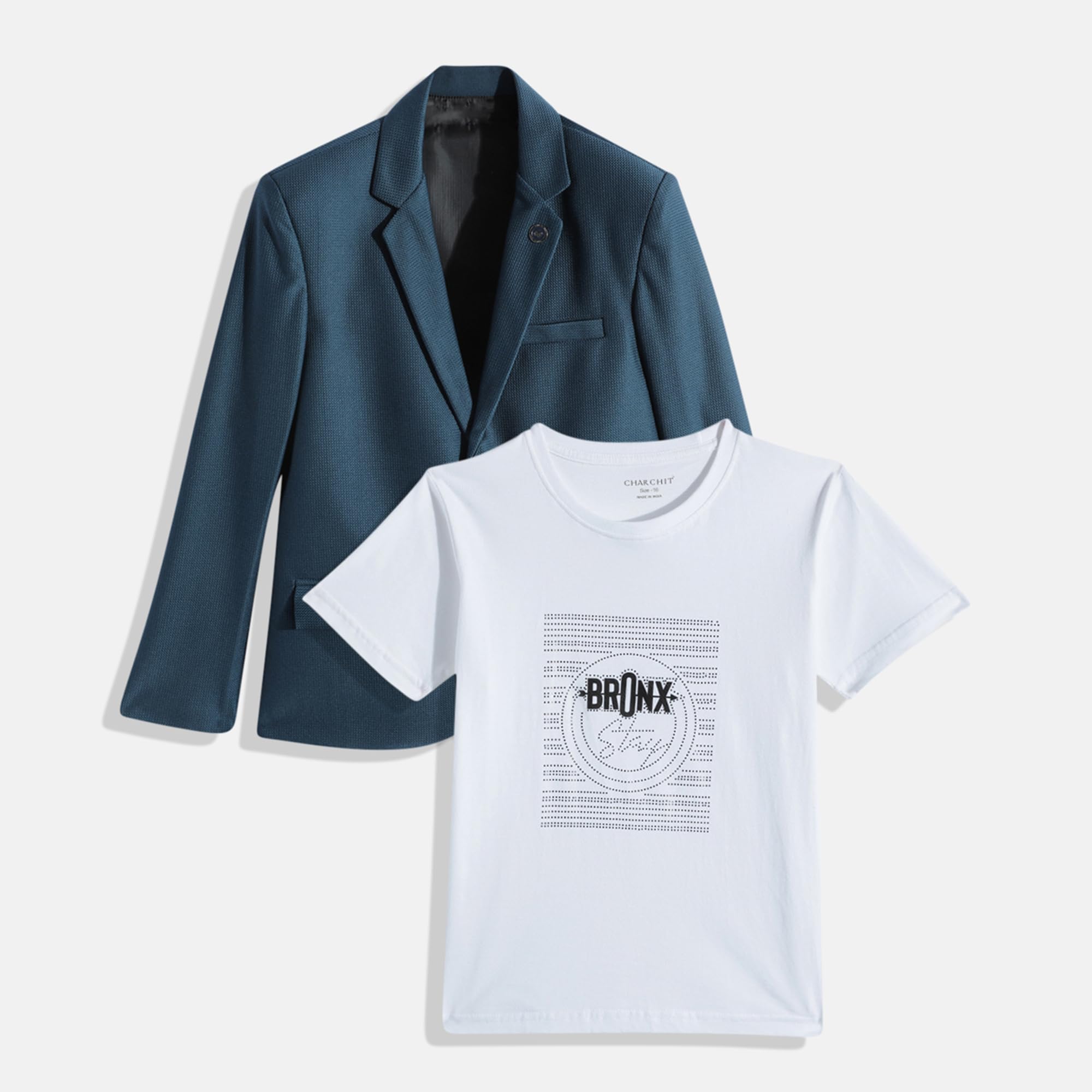 CHARCHIT Boys Cotton Blend Full Sleeves Solid Blazers and T-Shirt - TurquoiseBlue 4