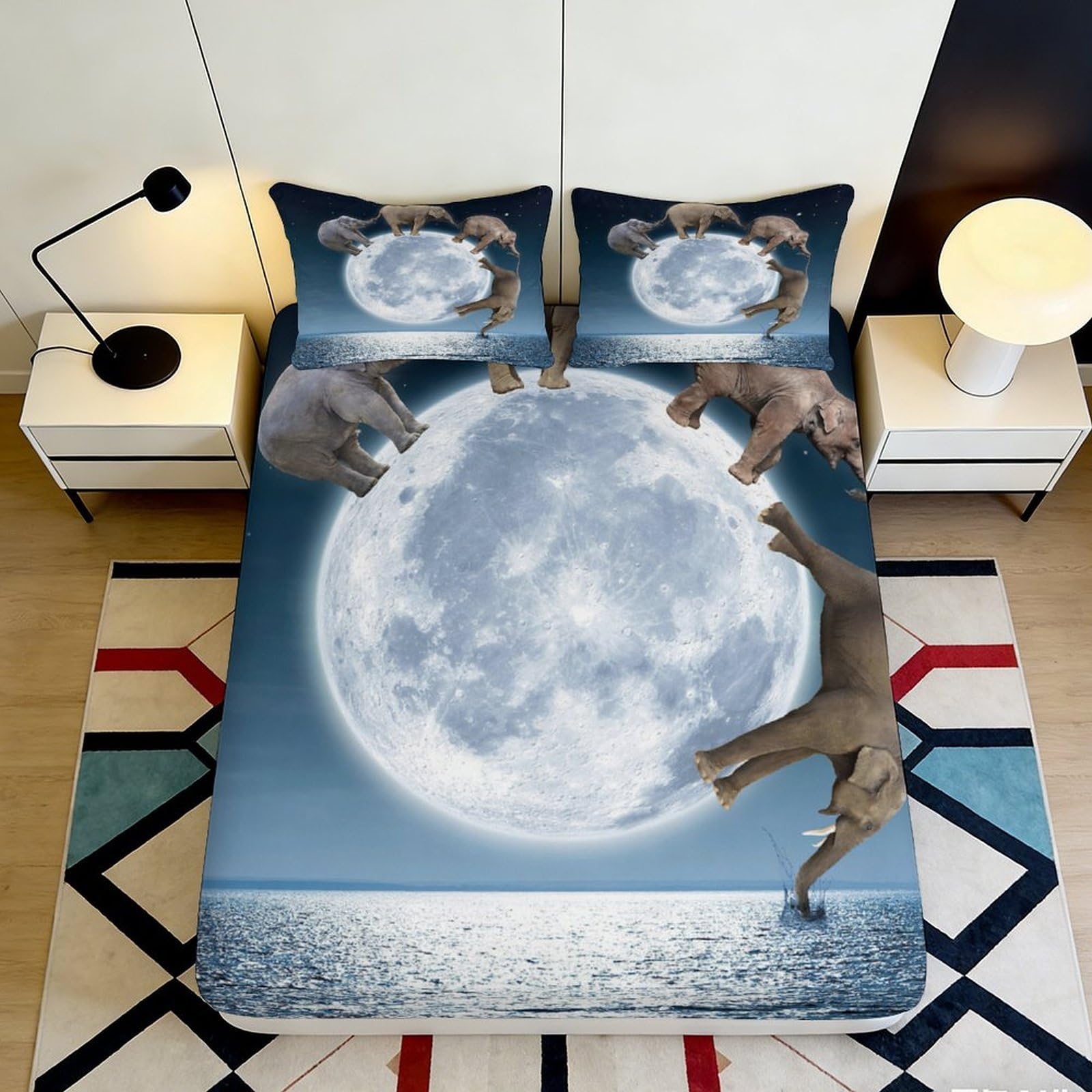 Pnayamiorkfel Style-5 3D Printed Elephant Moon Fitted Sheet Microfiber Soft Artistic Bed Cover For Bedroom Guest Room Decor Protection 90X200x25cm