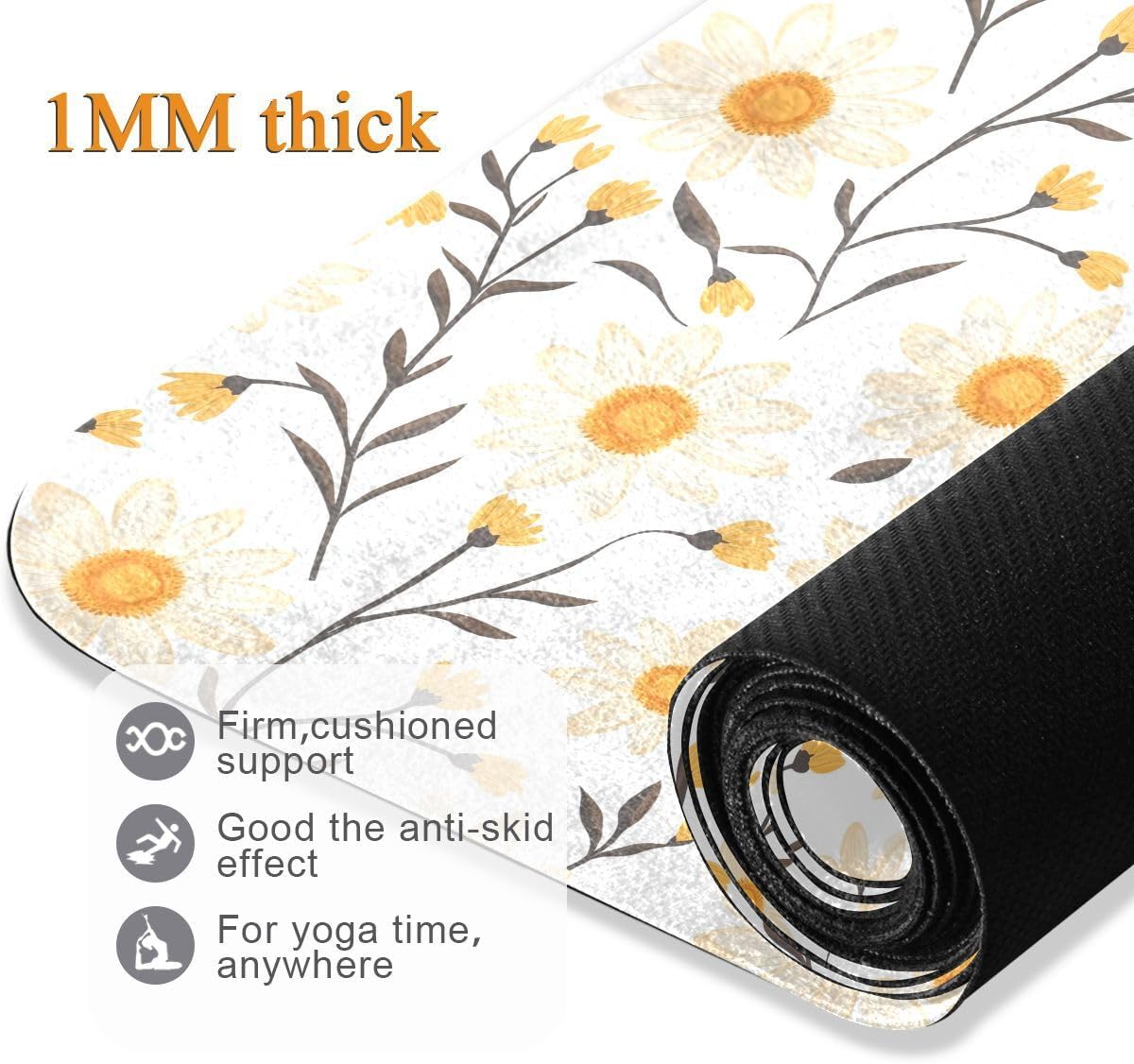 ALAZA Cute Daisy Floral Flower Yoga Mat Non Slip Fitness Exercise Mat, Workout Mat for Yoga, Pilates and Floor Exercises