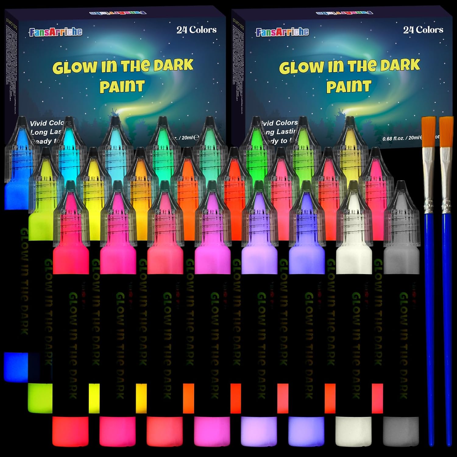 FansArriche Glow in the Dark Paint Bulk, 24 Colors x 20 ml Fabric Paint for Clothes, Canvas, Glasses, Rocks, 3D Neon Acrylic Paint for Christmas Decorations, 2 Pack