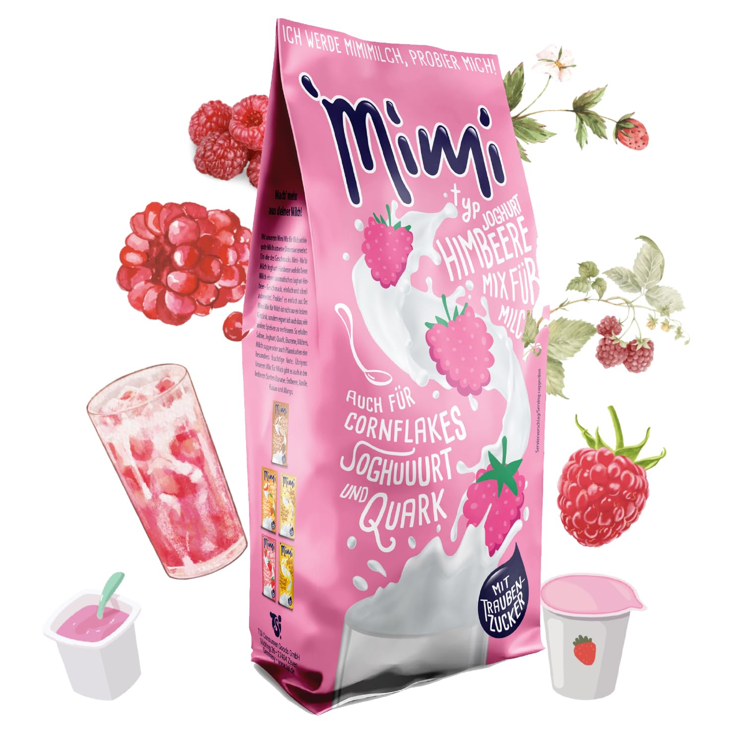 Mimi Milk Mix Yogur Frambuesa Bebida Polvo 24 x 400 g - Pack de Almacenamiento - Polvo de bebida soluble en leche con sabor a fresa - Soluble en frío y caliente - Ideal para ocio, oficina, familia