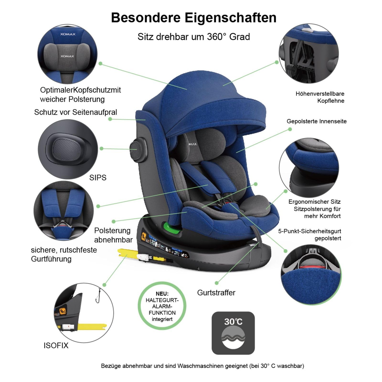 Xomax C013 Kindersitz 360° drehbar mit Isofix, ECE R129, 0-36 kg, verstellbar, neigbar, atmungsaktiver Bezug, 5-Punkt-Gurt, Top Tether, Autokindersitz für Babys & Kinder 0-12 Jahre, Farbe: (Blau)