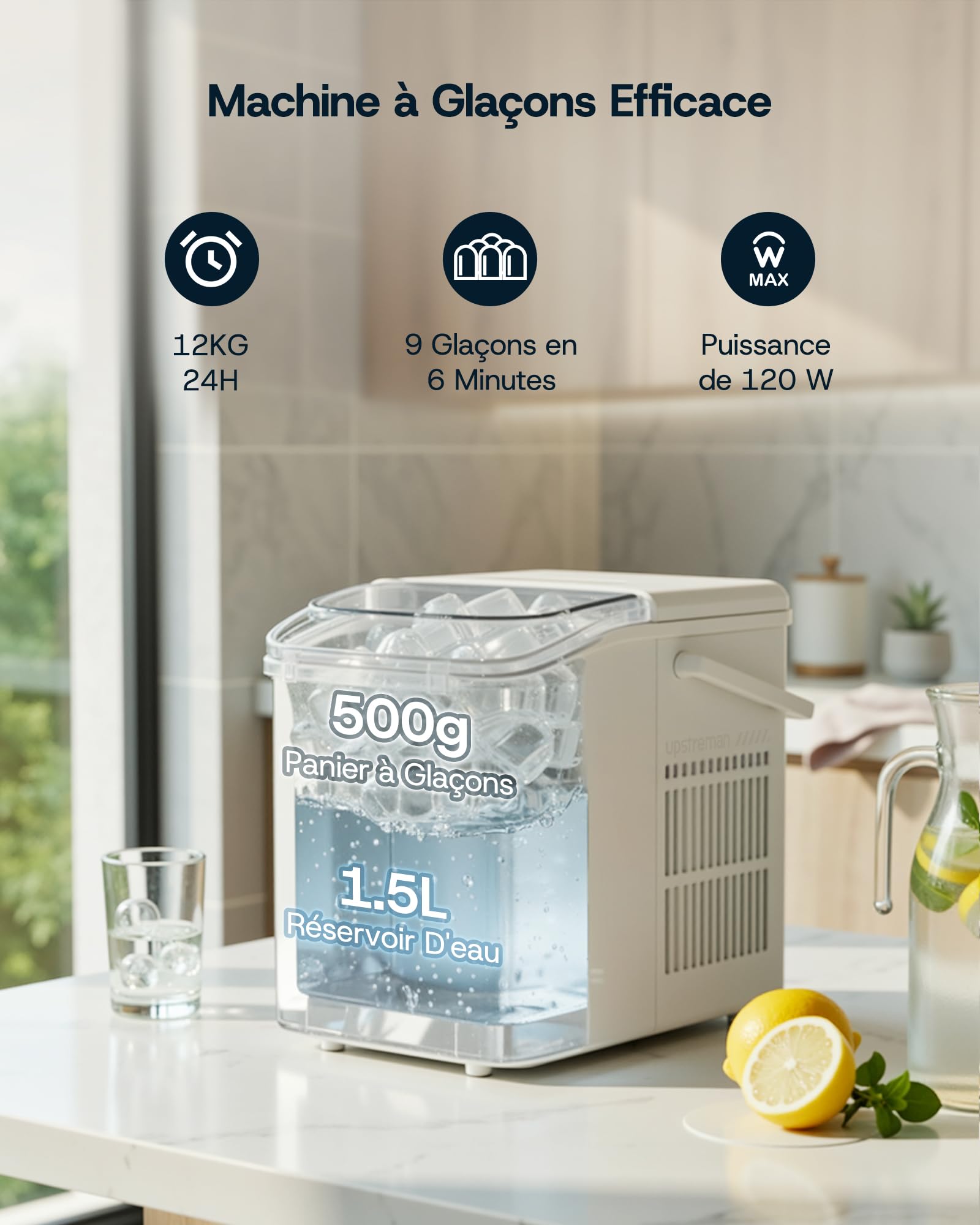 Upstreman Machine à Glaçons,9 Glacons en 6-8 Min,12kg/24h,2 Tailles de Glaçons,1,5L,Autonettoyante,Machine a Glace Portable pour Maison,Cuisine,Camping,Blanc,BI12