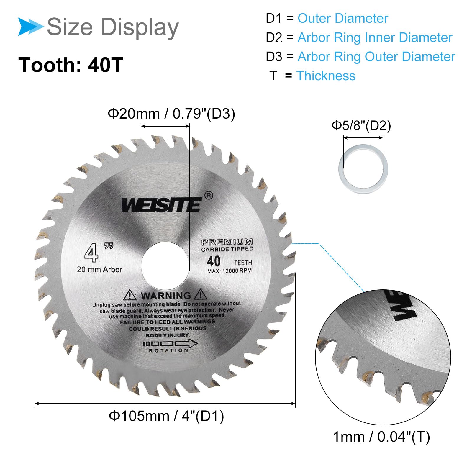 CoCud Circular Saw Blade, 4" Outer Dia 40 Teeth 5/8" Arbor, Wood Tungsten Carbide Tipped () Slitting Saw - Image 2