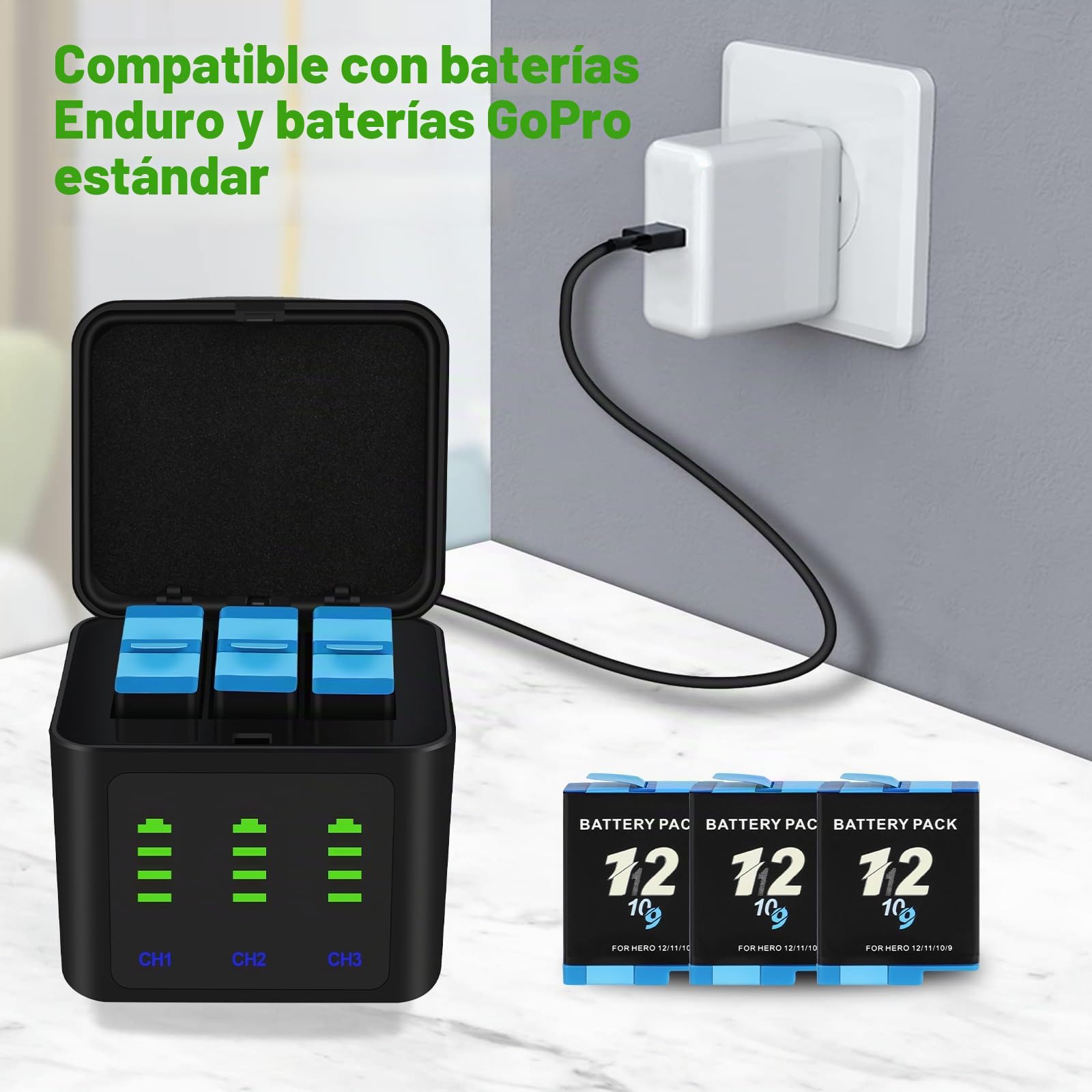 ASUNCELL 2000 mAh, 3 Paquetes de baterías Hero 12/11/10/9 y Cargador USB, batería Recargable de Iones de Litio y Cargador Dual Inteligente con Puerto LCD Compatible con Gopro Hero 12/11/10/9