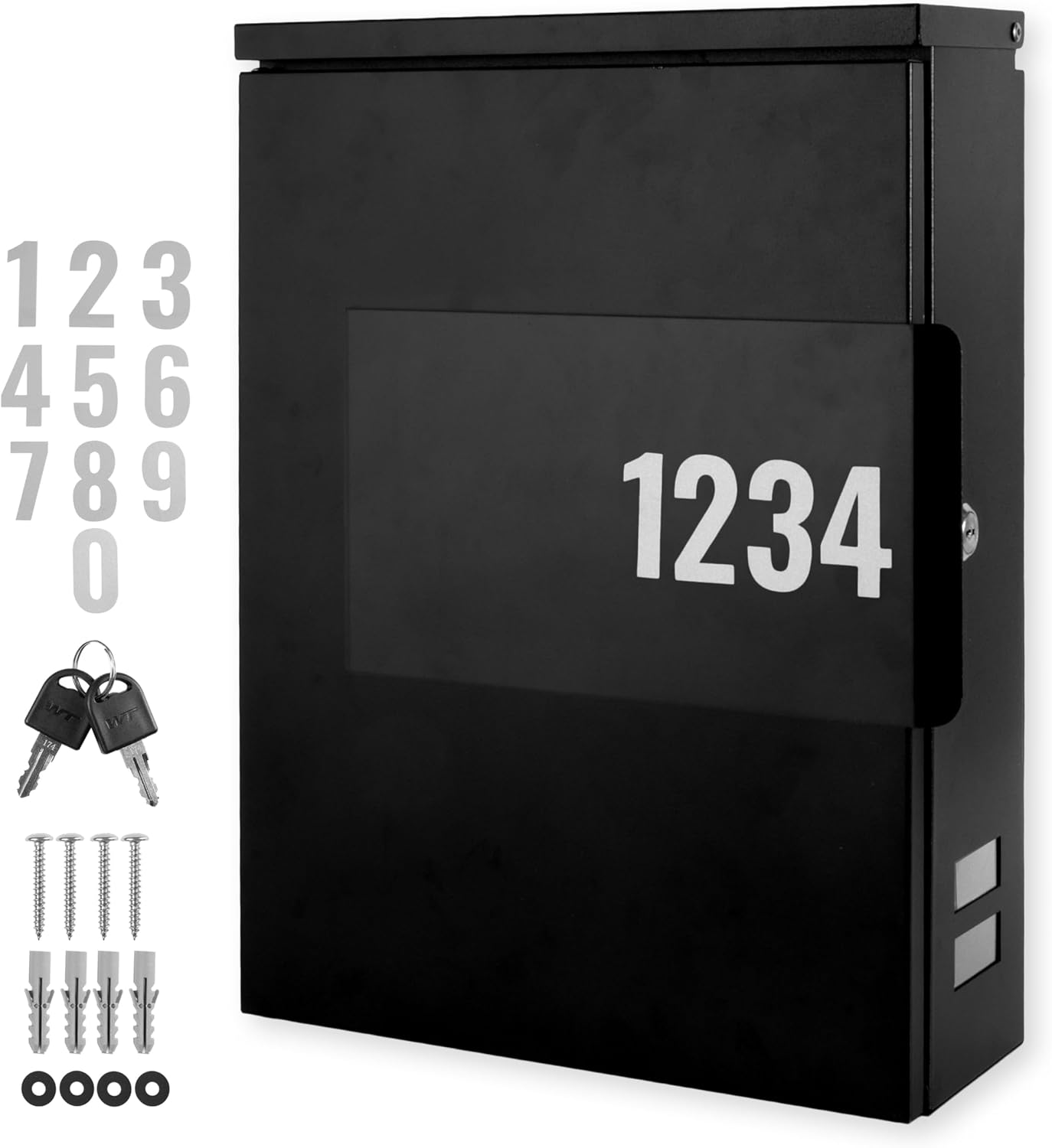 Ilyapa Modern Mailbox Wall Mount Mailboxes for Outside with Lock, Keys & House Numbers - Large Wall Mounted Mail Box, Locking Security Box - Black