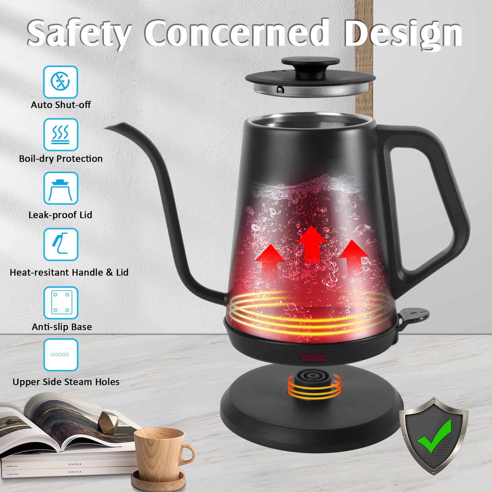 Hervidor eléctrico de cuello de cisne de 1 litro, hervidor de té para agua hirviendo, hervidor eléctrico de cuello de cisne para café y té, ebullición rápida para verter, apagado automático 4