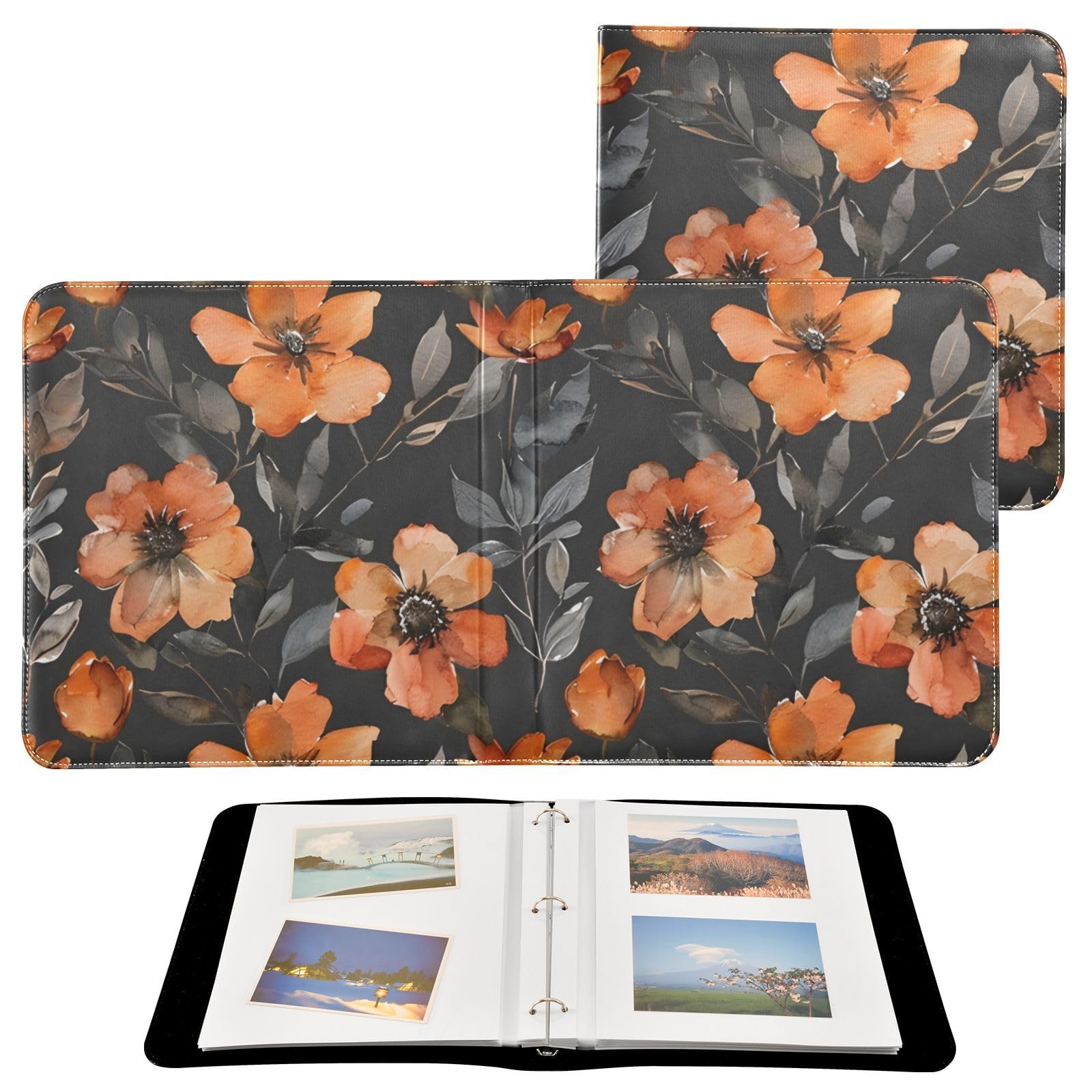 JIPONI Orange Flowers Black Back Large Photo Album, DIY Leather Cover Scrapbook Albums for 4x6 5x7 6x8 Pictures, Self Adhesive Memory Book for Wedding, Baby, Family