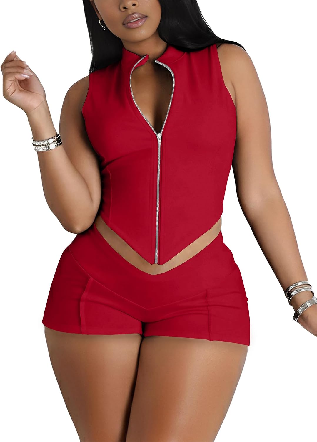 LovelyWholesale Women Zip Up Crop Tank Tops and Shorts Sets Sexy Summer 2 Piece Track Suits Outfits