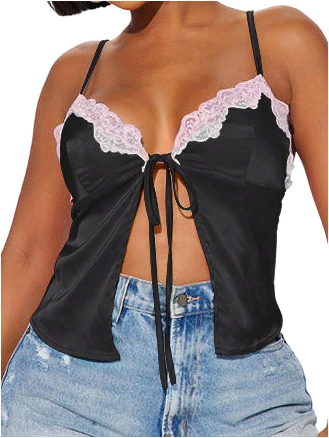 Women's Lace Trim Tie Front Cami Tops Spaghetti Strap Split Hem Tank Tops Y2K Camisole