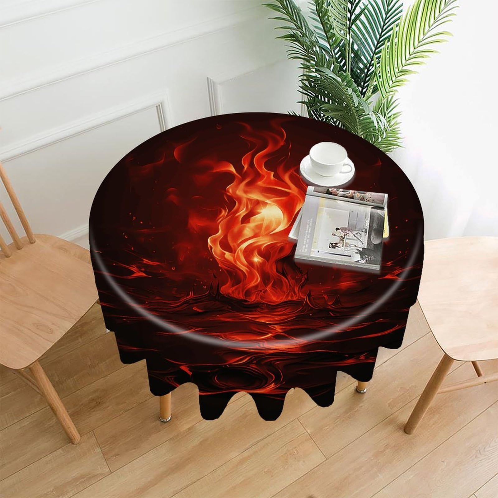FekiLoot Round Red Flame Tablecloth Decorative Fabric Table Cloth Wrinkle Free Circle Dining Tablecover Washable Polyester Table Cover for Holiday Dinner Party Decor 60"