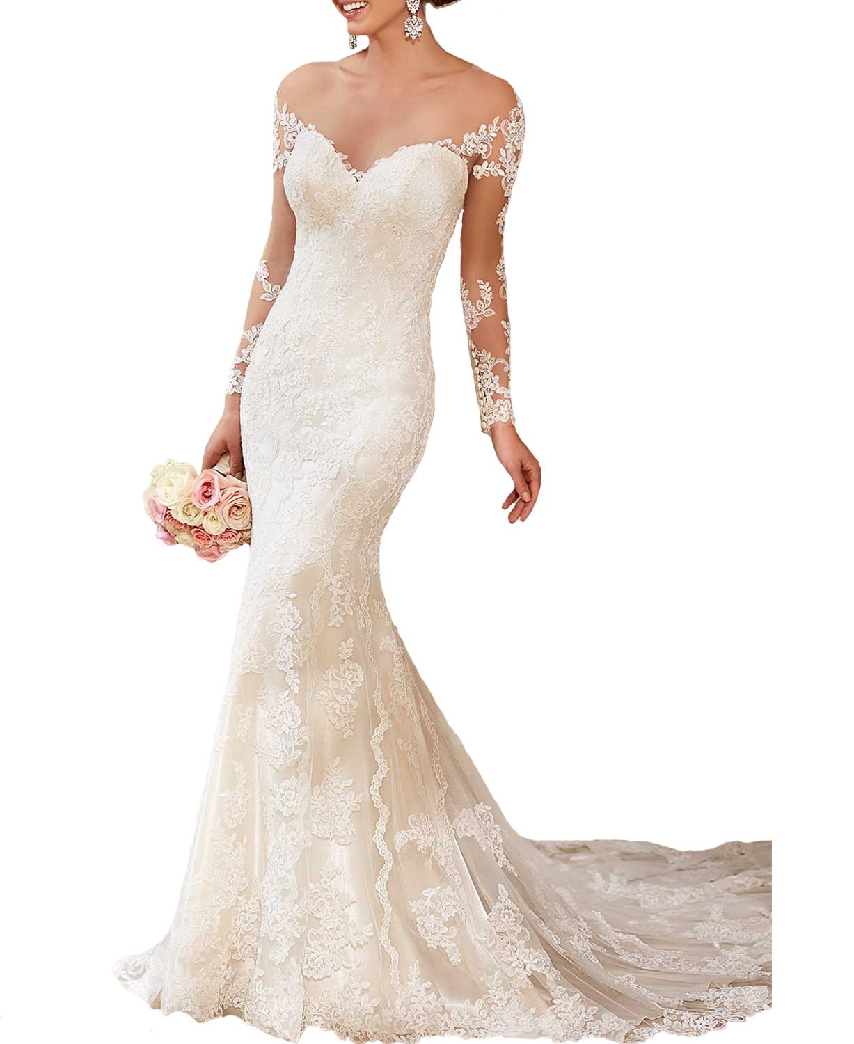 BONBETE Vintage 2017 Long Sleeves Mermaid Wedding Dresses for Bride Lace Gowns