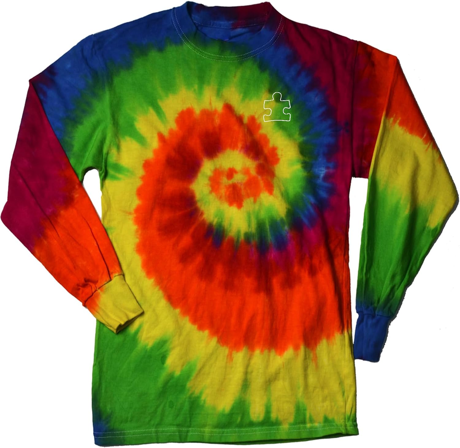 Autism Awareness White Puzzle Piece Chest Print Tie Dye Spiral Long Sleeve Shirt for Mens Women Adult T-Shirt