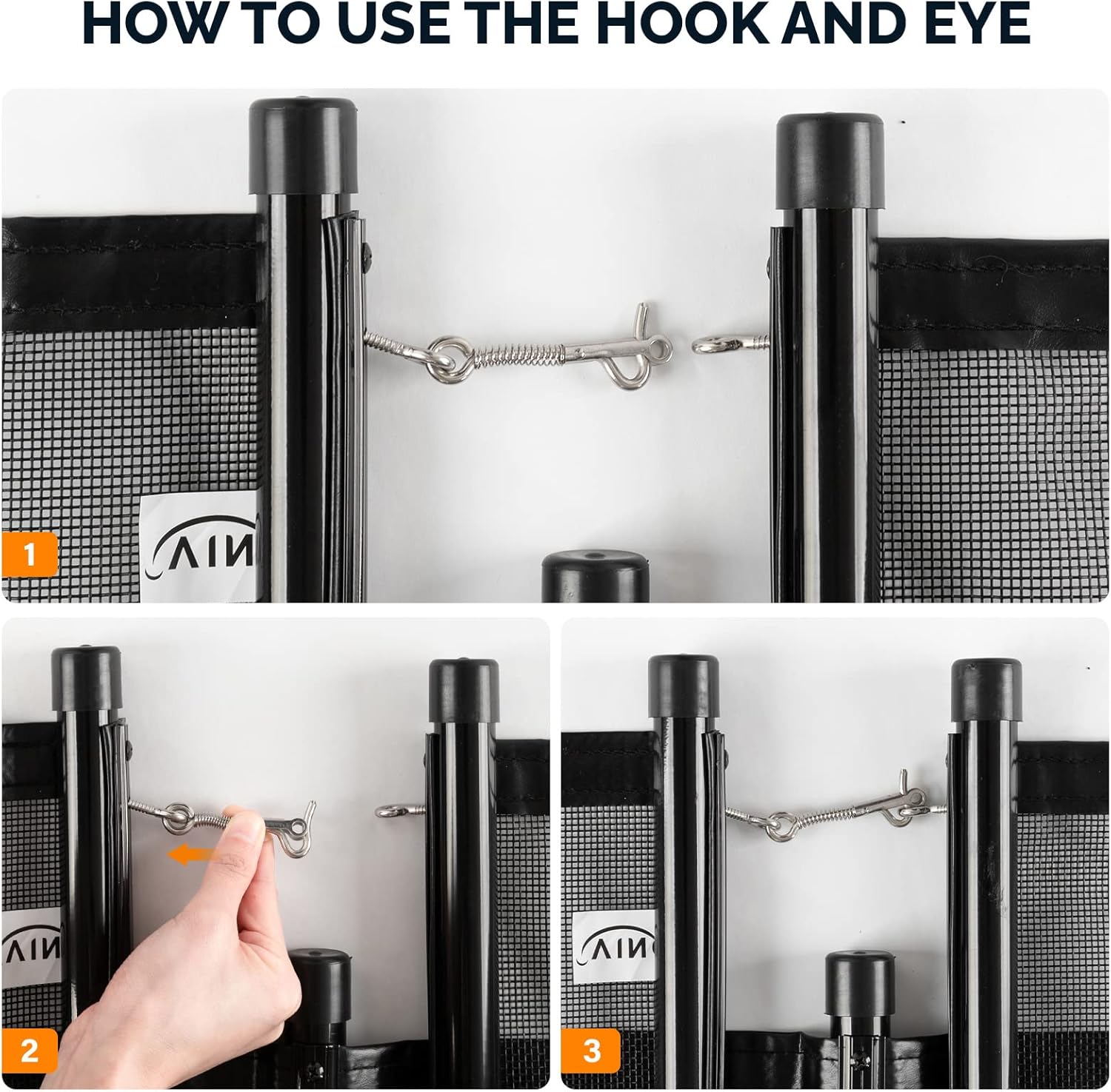 Step-by-step guide on how to use the hook and eye latch system to connect VINGLI pool fence panels.