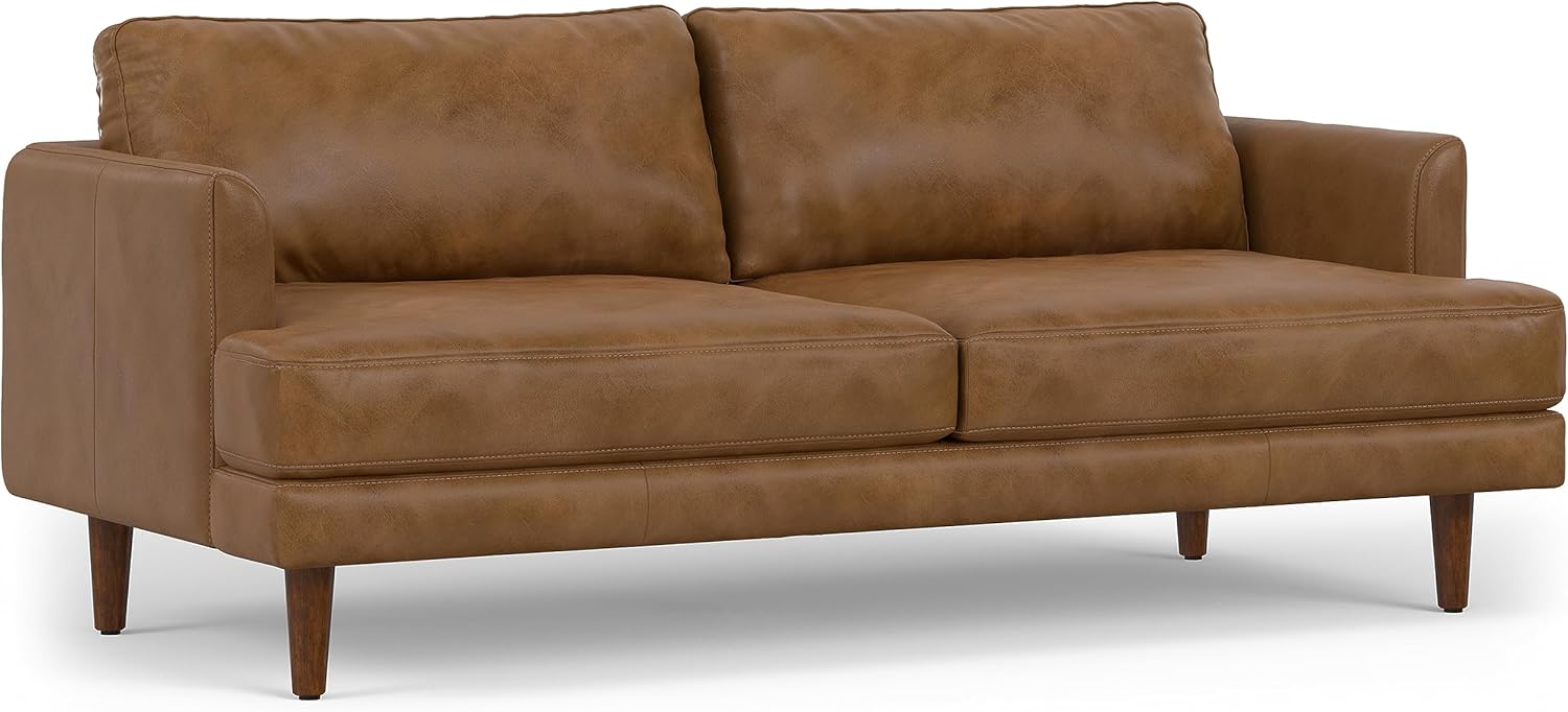 SIMPLIHOME Livingston Sofa - 76 inch Wide Top Grain Genuine Leather Sofa in Caramel Brown, Mid-Century Modern Loveseat for Living Room with Removable Feather-Wrapped Cushions and Solid Wood Frame
