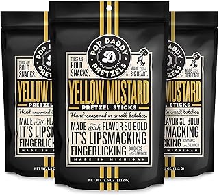 Pop Daddy Flavored Pretzels Sticks, Healthy Gourmet Pretzels Snacks, 7.5oz Individual Bags, 3 Pack, Yellow Mustard