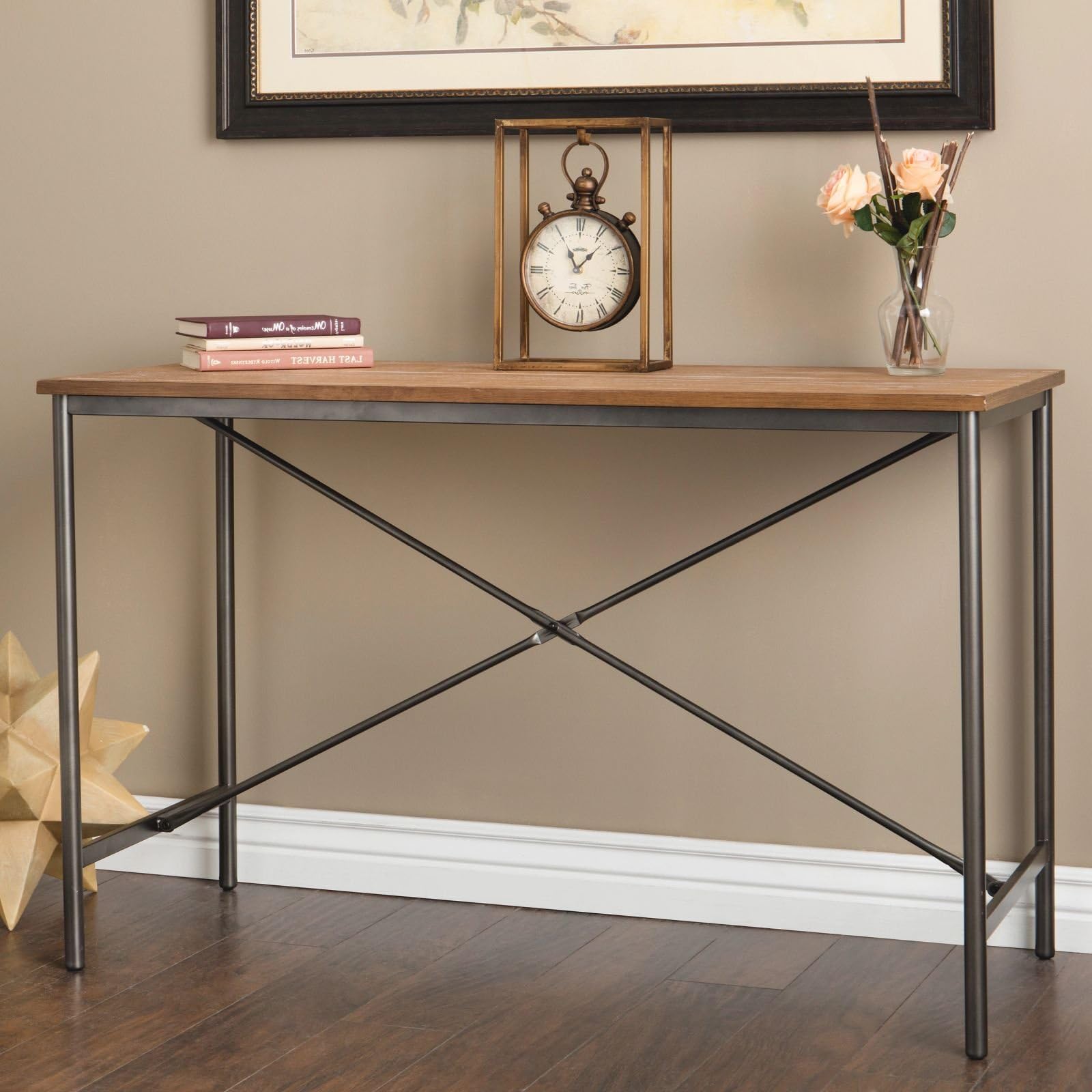 Modern Farmhouse Sofa Table Provides Vintage Style and Function. 48-Inch Long Console Suitable for Living Rooms, Bedrooms, and Office Spaces. Weathered Rustic Brown Hardwood Creates Timeless Feel.