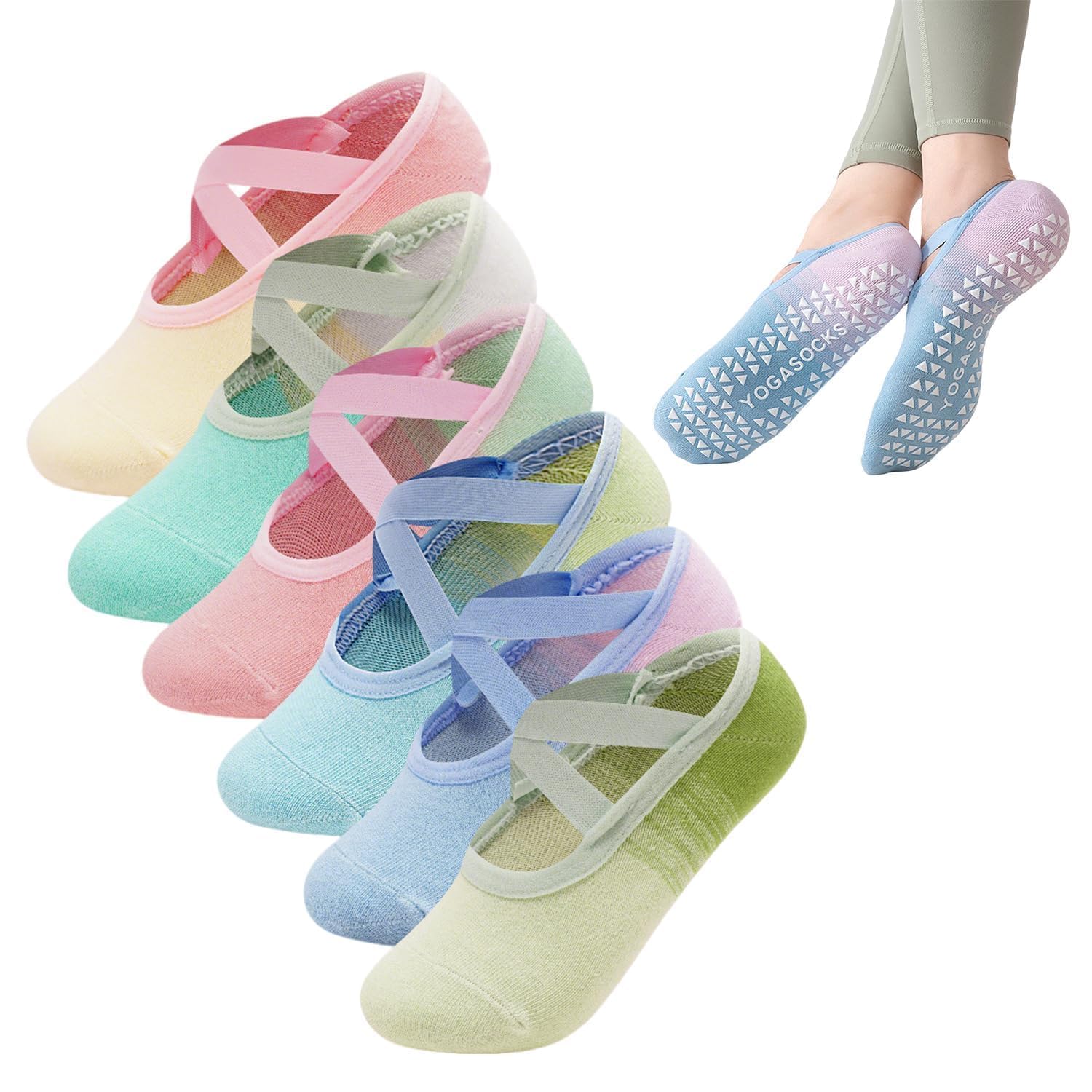 4 Pairs Non Slip Yoga Pilates Socks for Women with Grips & Straps, Colorful Grip Socks Pilates Ladies Ballet Sock