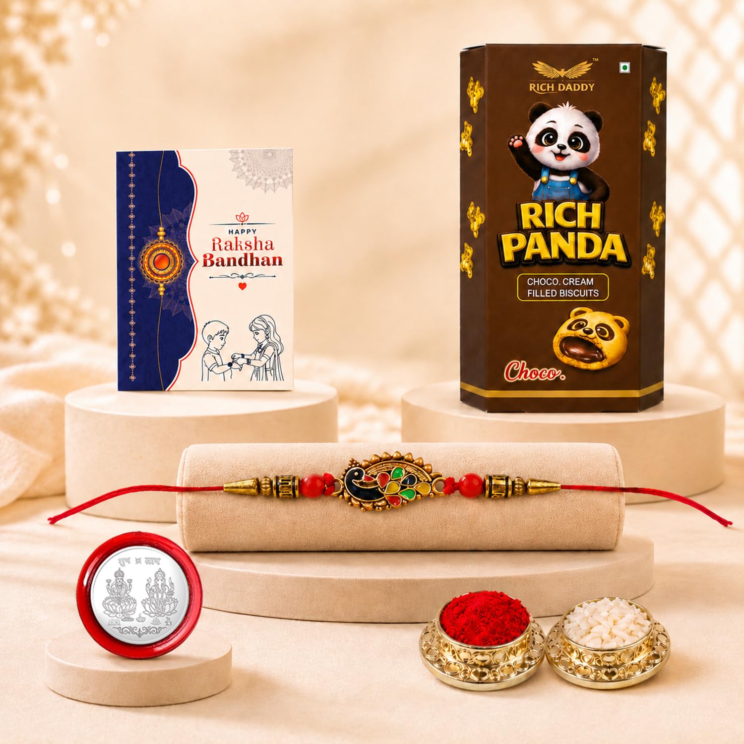 Oblivion Peacock Multicolor Rakhi for Brother & Bhaiya with Chocolate Cream Filled Biscuit 60gm - Raksha Bandhan Gift Set, Roli Tikka, Pooja Coin, Greeting Card | Elegant Surprise, Pack of 5-image-2