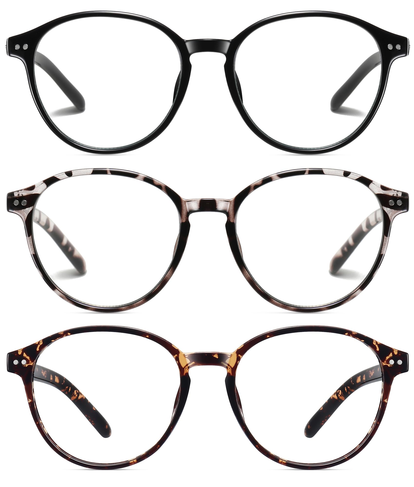 STORYCOAST Blue Light Blocking Glasses for Women Men,Round Frame Eyeglasses,Unisex Gaming Computer Glasses 3Pack Black+Gray Leopard+Tortoiseshell