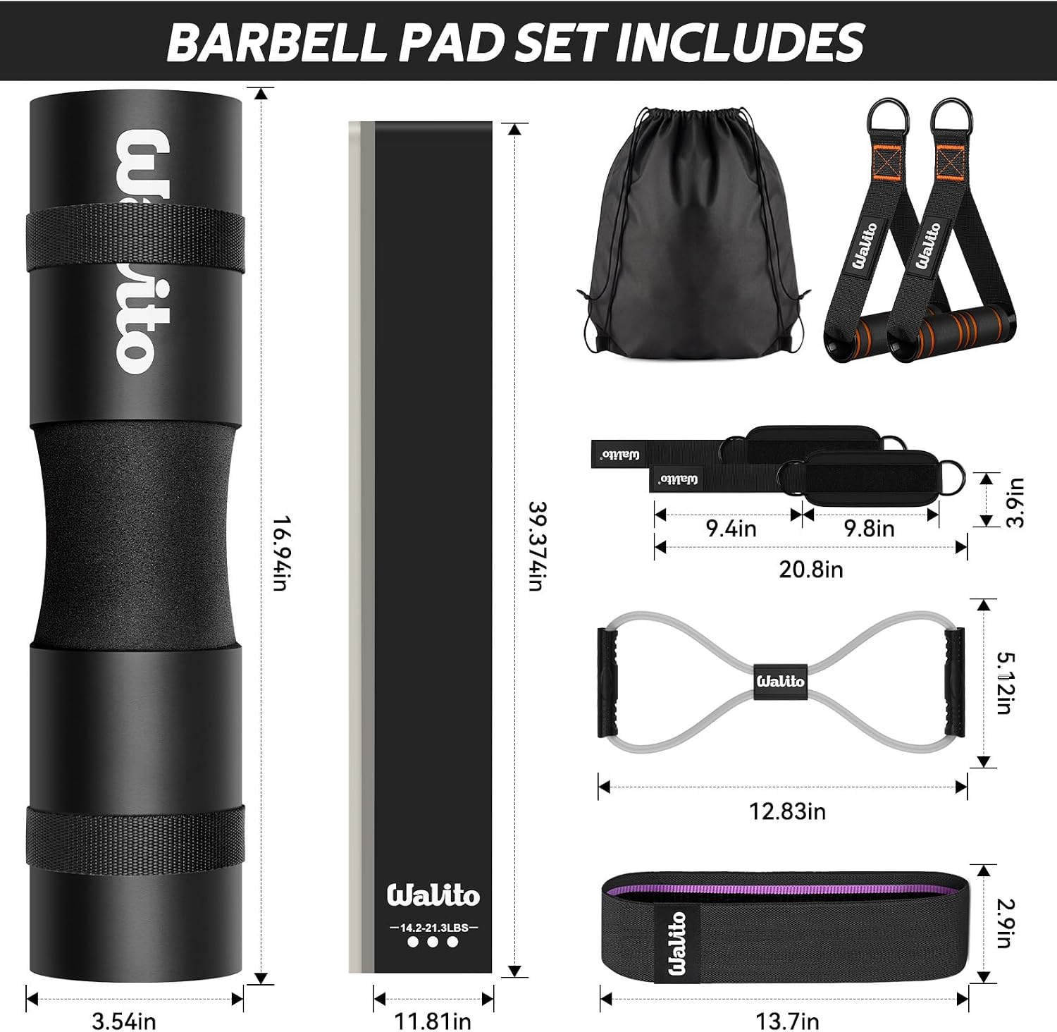 Barbell Pad Set 11 PCS for Hip Thrusts - Gym Accessories for Women Men | Hip Thrust Pad with Ankle Straps, Resistance Bands, Booty Bands, Cable Handles, Figure 8 Resistance Band & Carry Bag