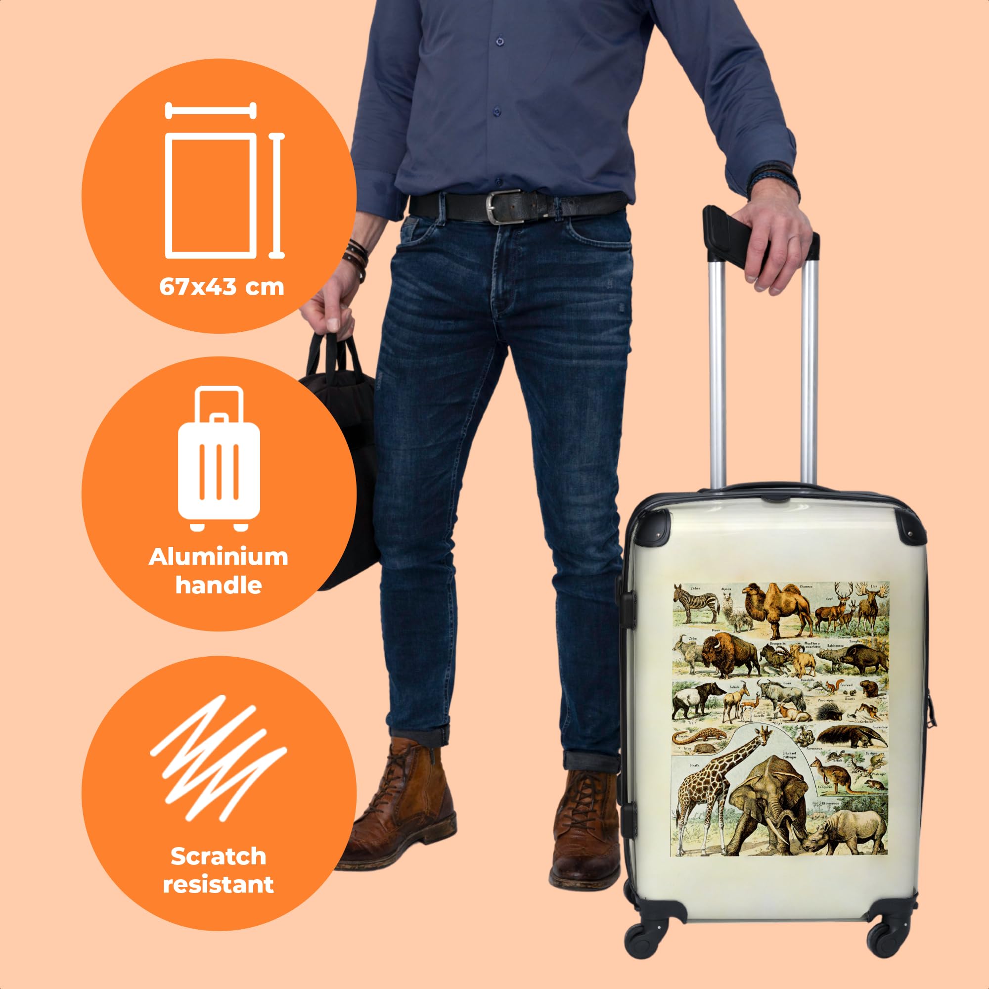 NoBoringSuitcases© Valigia Grande - Trolley Rigido 4 Ruote - 90 Litri | Vintage - Fauna Selvatica - Safari - Illustrazione - Arte - Lucchetto a Combinazione TSA