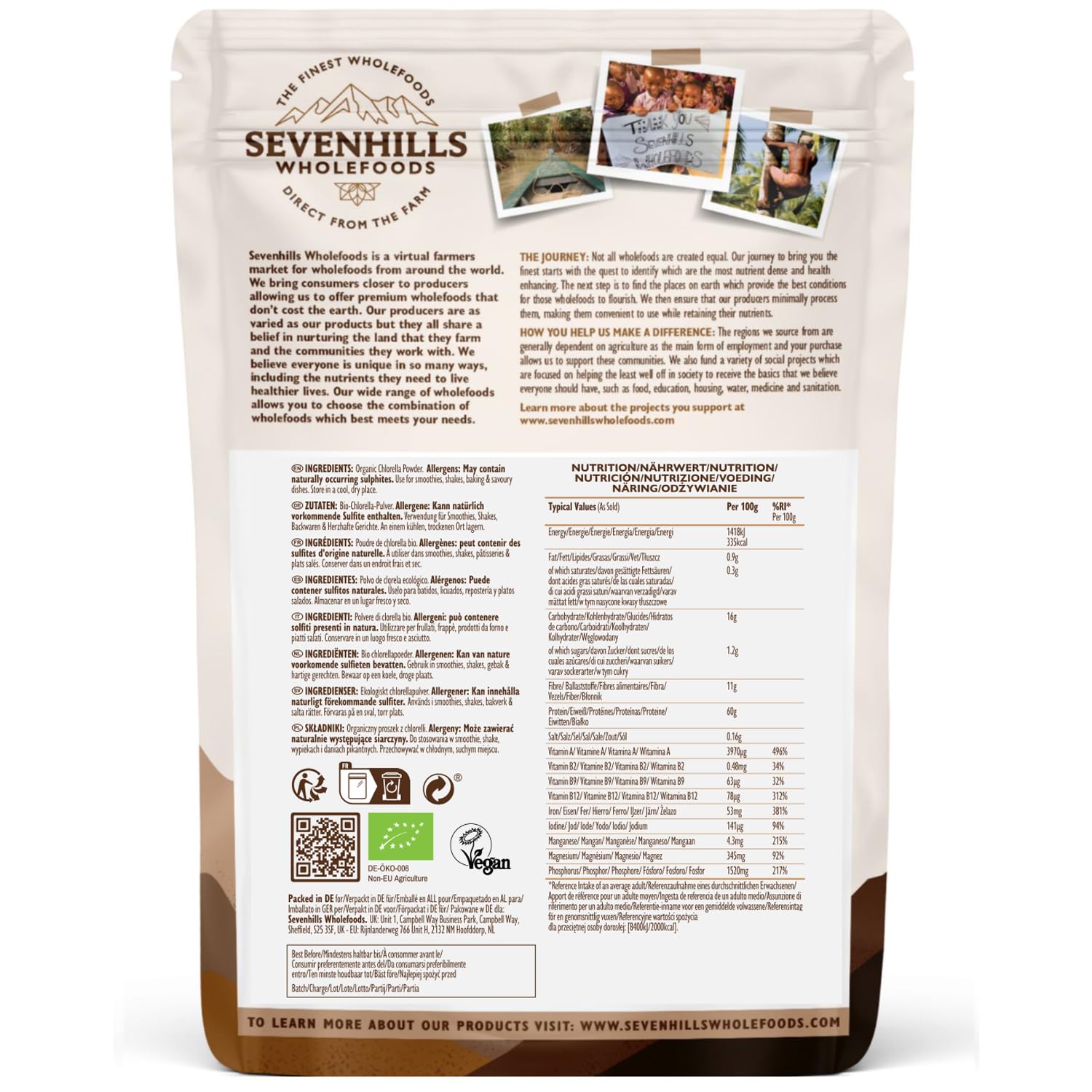 Sevenhills Wholefoods Polvere Di Clorella, Parete Cellulare Rotto Bio 500g