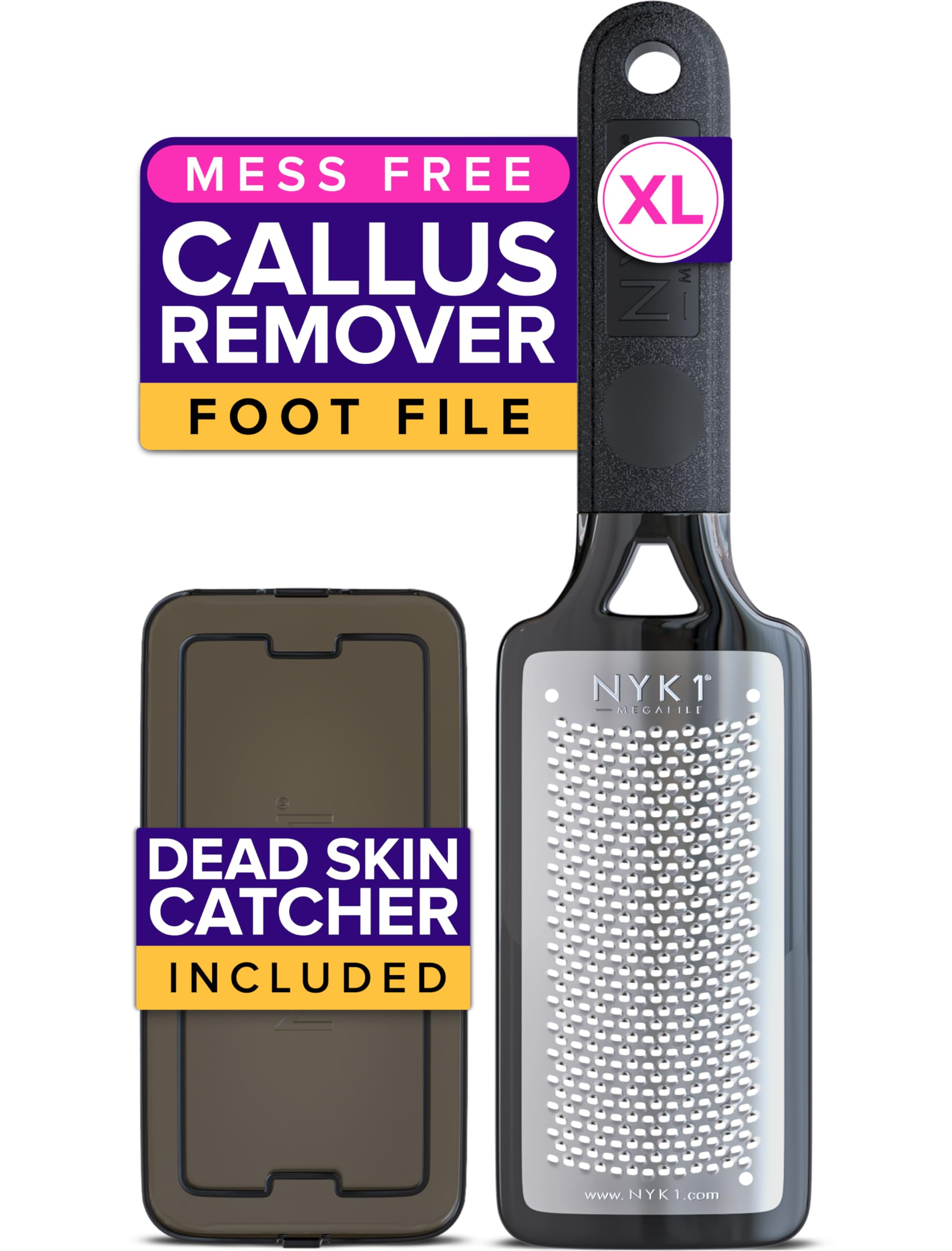RUSTPROOF Foot File Callus Remover for Feet with Skin Catcher (XL Size) NYK1 MEGAFILE Foot Callus Remover for Wet & Dry Use - High-Performance Feet Scrubber with Textured Grip for Non-Slip Control