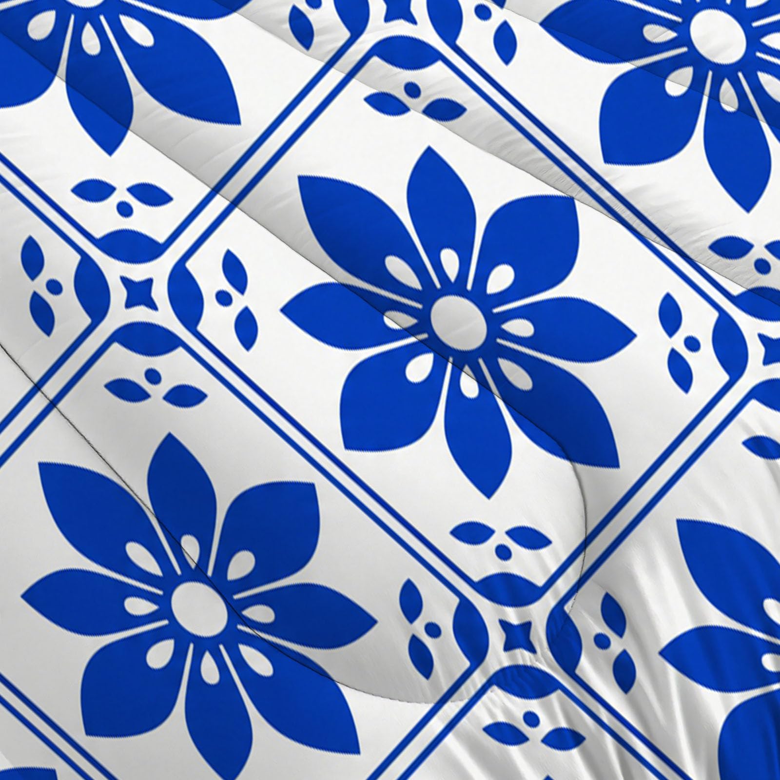 Trapunta Piastrelle Floreali In Stile Retrò, Piumino Matrimoniale 4 Stagioni | 240X220 Cm Con Federa 50X80, Piumone Leggero In Microfibra, Trapunta Reversibile Geometria Delle Piante Tribali, Indaco