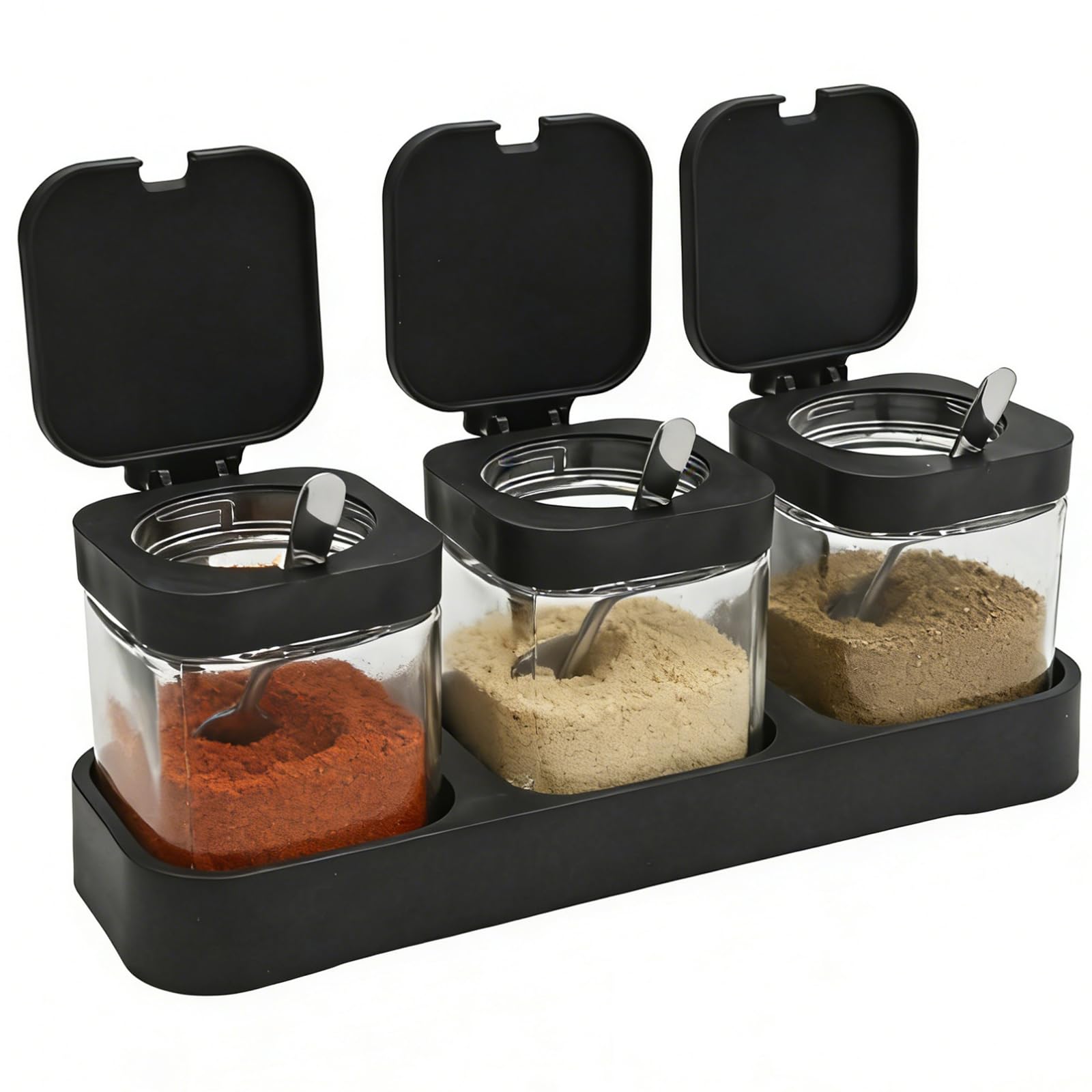 Hoypeyfiy Three-piece Set Black Glass Seasoning Jar with Flip-Top Lids, Minimalist-style Seasoning Jars, Ideal for Storing Condiments in Home and Restaurants
