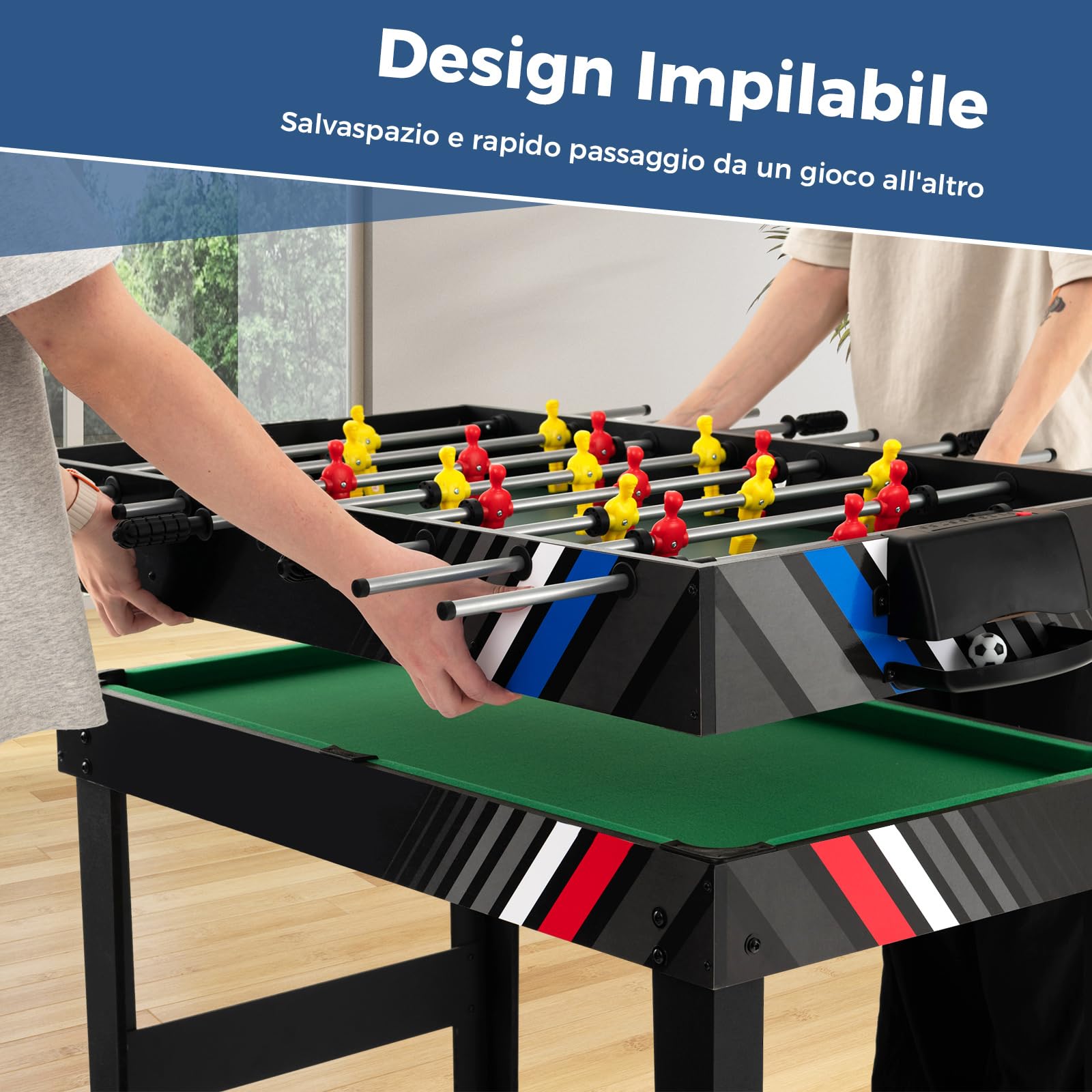 COSTWAY 4 in 1 Tavolo Multigioco, Calcio Balilla/Tavolo da Biliardo/Ping Pong/Air Hockey, Calcetto Multigioco Impilabile per Casa Feste Bar, 125x97x83 cm
