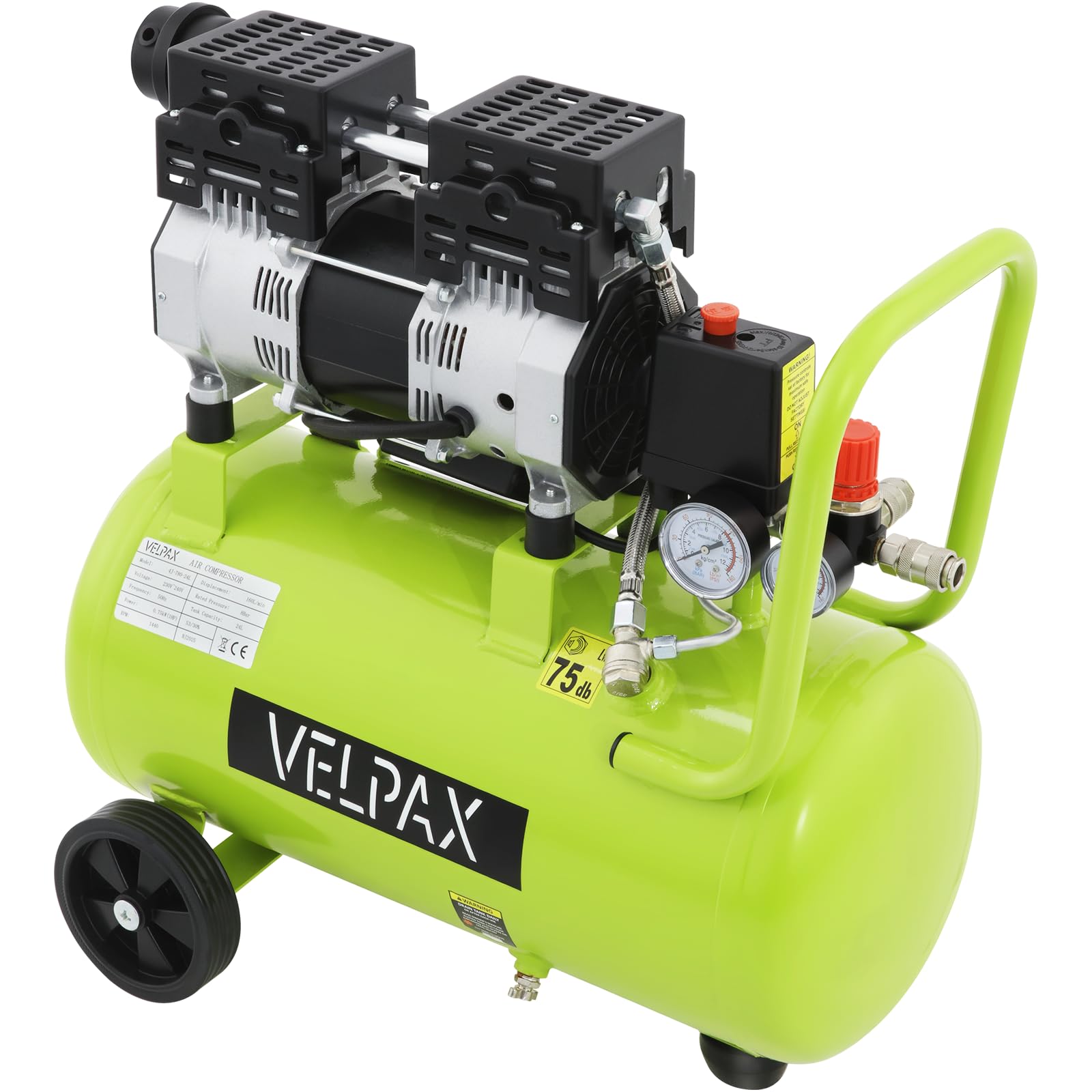 Compressore Silenzioso Oil-Free 24L, Compressore d'Aria Rumorosità 75 dB, Pressione Massima 8 Bar, Potenza 750W 160 L/Min, Pressione regolabile Raffreddamento rapido per automobili e verniciatura