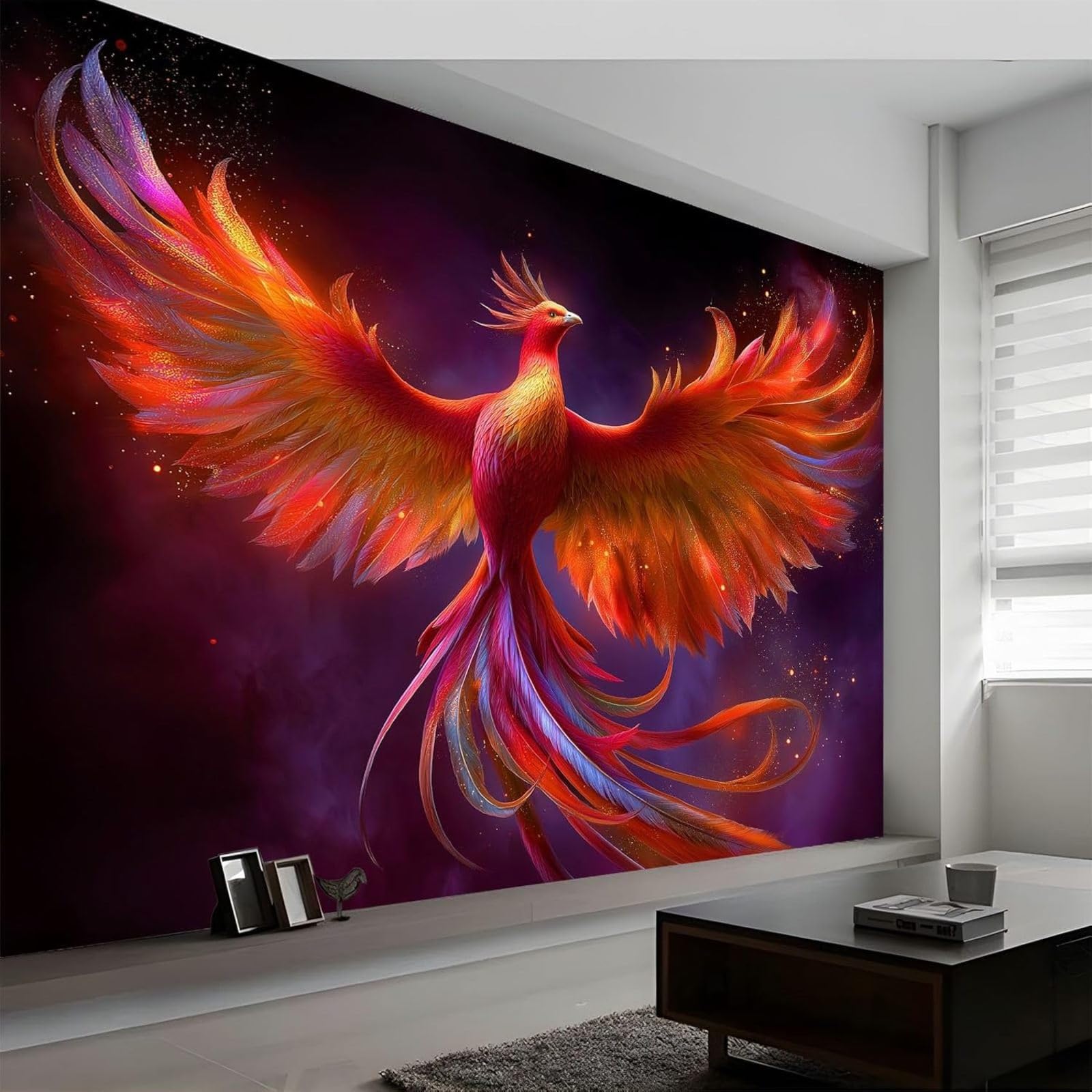 Orange photo wallpaper, dreamy gradient, wall mural with flames and a phoenix, non-woven wall decoration, modern for living room, bedroom & office, 250cm x 175cm, stickers - frameless painting - poste