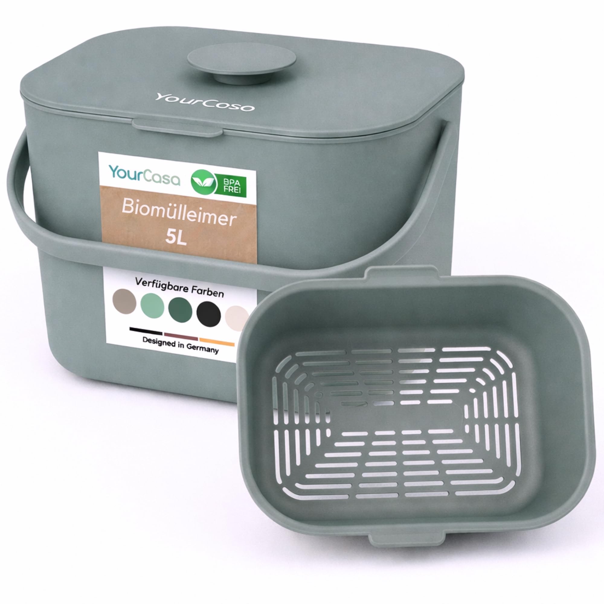 YourCasa Biomülleimer Küche 5L - Komposteimer für alltäglichen Biomüll Behälter - Spülmaschinenfest - Geruchsdicht mit Sieb & ergonomischen Griff - Bio Mülleimer Klein Komposter Bioeimer (Mint)