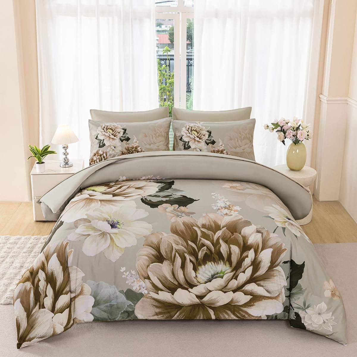 ZSYAYAHA Comforter Set Full Size Khaki Floral Bedding Set 7 Pieces Flower Bed Set with Sheets Reversible Large Peony Printed On Comforter Set for All
