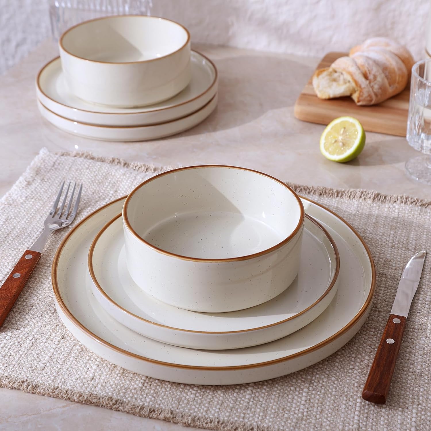 Famiware Nebula Plates and Bowls Sets for 4, 12 Pieces Stoneware Dinnerware Set, Microwave and Dishwasher Safe Dishes Set, Vanilla White with Brown Rim - Image 6