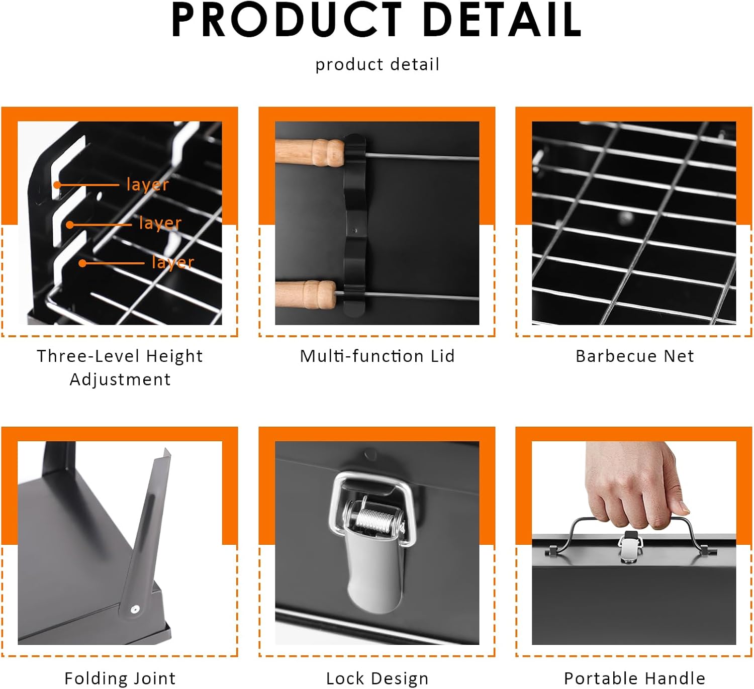 Portable Charcoal BBQ Grill Kit, Foldable 17.5" Camping Grill for Outdoor Cooking, Compact Design with Barbecue Tools, Perfect for Beach, Backyard, Picnics (Black) image 4