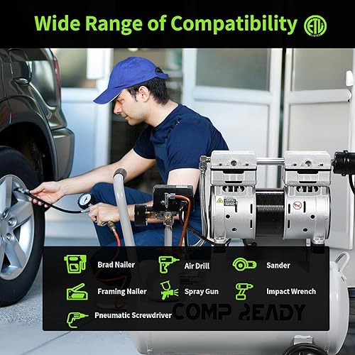 Miniatura 7 de Compresor de aire portátil de 6 galones 1HP 2.5 CFM90PSI 60dB Compresor de aire libre de aceite ultra silencioso ideal para inflado de neumáticos,