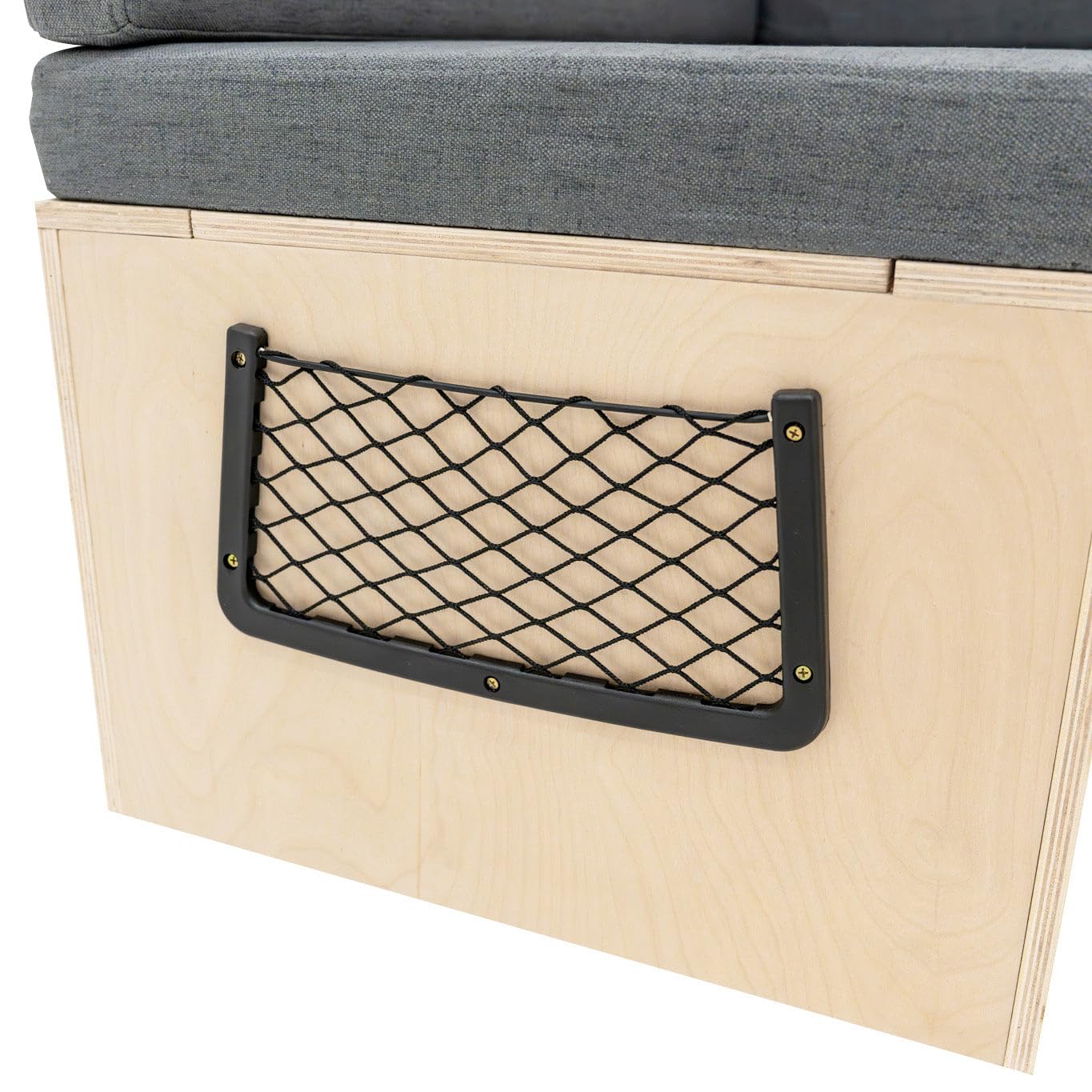 Canapé-Lit en forme de L, Bois de bouleau pour Camping-Car Rangement sous banc 2 filets rangement, Compatibilité avec plusieurs véhicules, 180cm x 120 cm [Coussins, Matelas & Fixations INCLUS]
