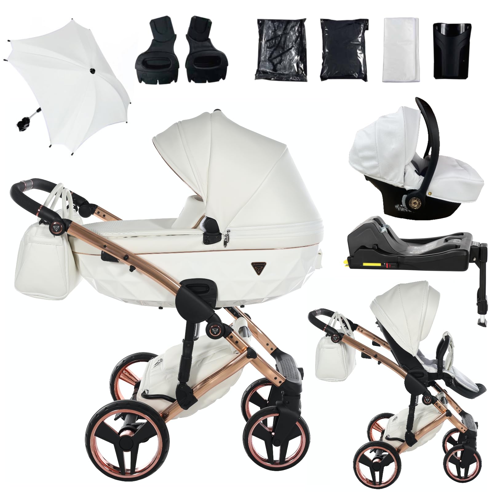Junama Passeggino TRIO Diamond Fluo Individual 16 Bianco e Rame - 2in1 3in1 4in1 + ombrellino (4 in 1 con Base ISOFIX)