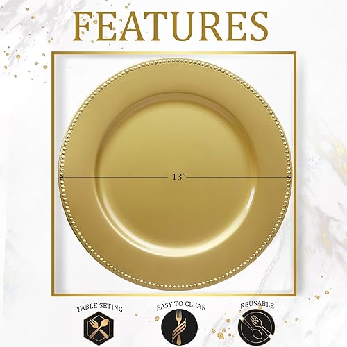 Miniatura 5 de Juego de 12 platos de carga dorados con cuentas. Cargadores de mesa de plástico reutilizables de 13 pulgadas para platos llanos