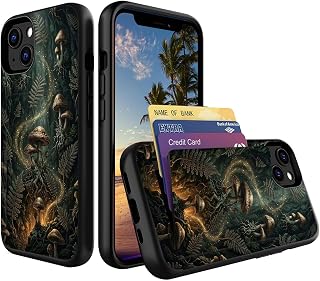 for iPhone 15 Case with Card Holder,Shockproof Armor Silicone Hybrid Rugged Protective Wallet Cover Case for iPhone 15,Magical Mushroom Forest