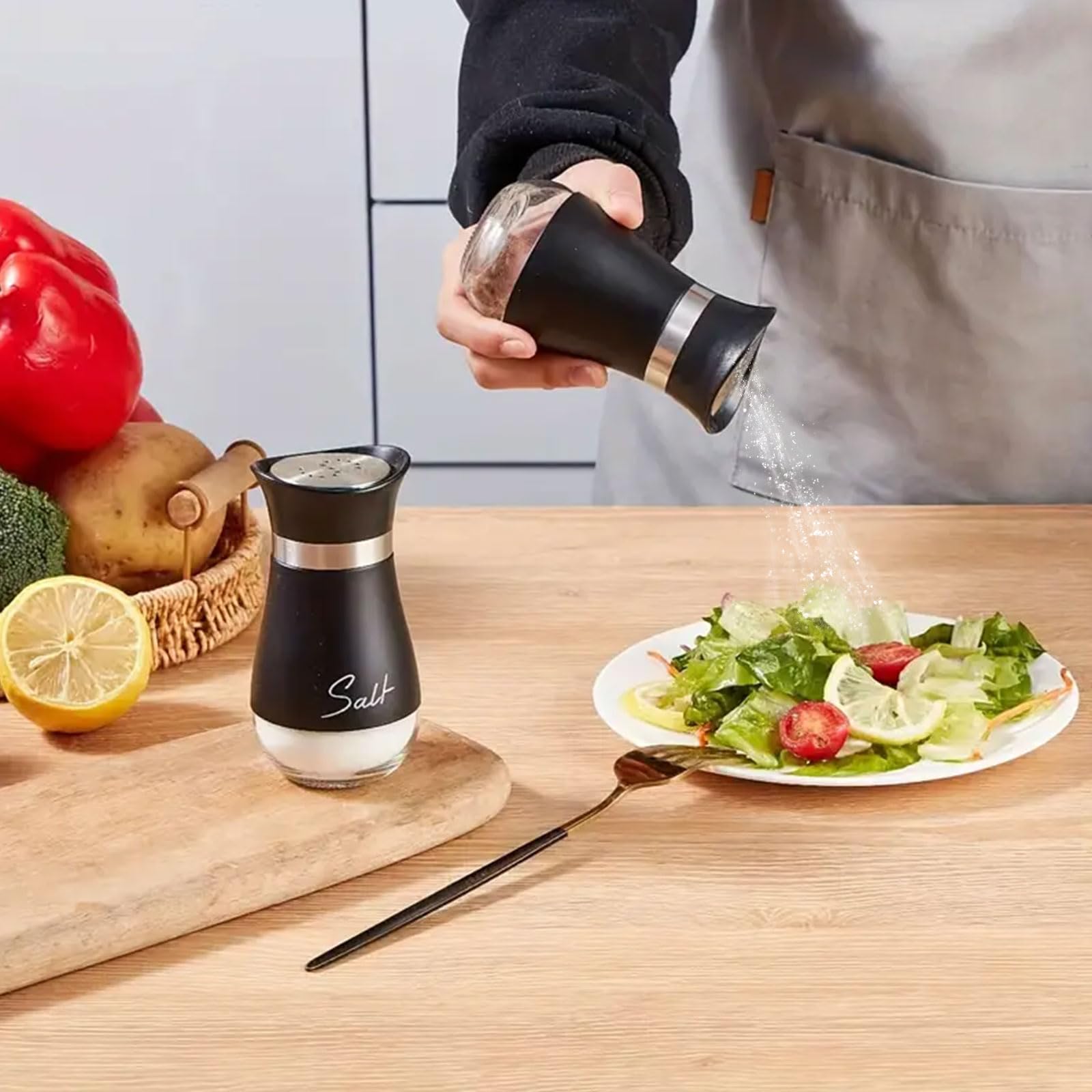 Saliera e Pepiera, 2 pezzi Set Sale e Pepe, 100 ml, Saliera in Vetro e Inox Spargispezie, Barattoli di Spezie