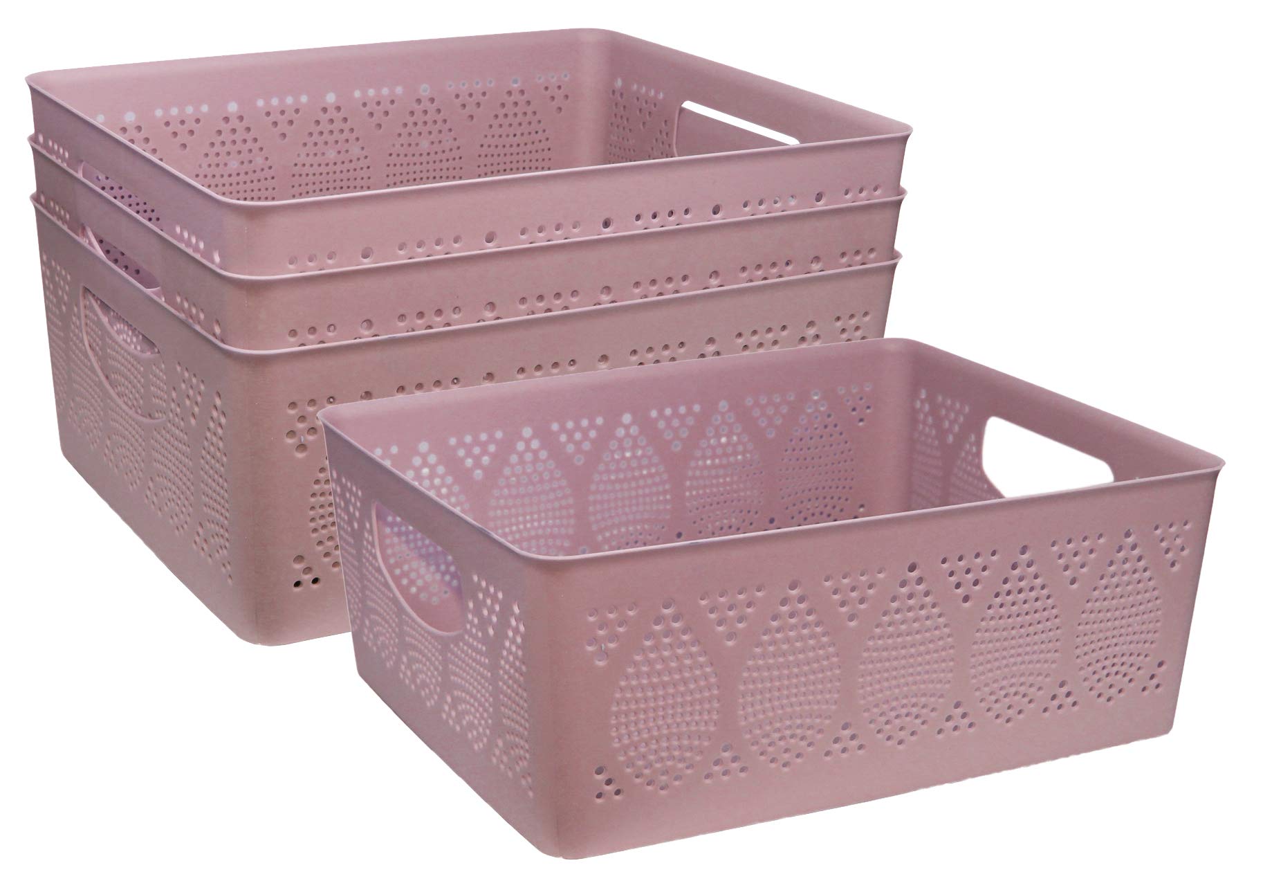 Muddy Hands Pack of 4 - Medium Dotted Plastic Storage Basket Kitchen Bedroom Bathroom Office Box (Pink)