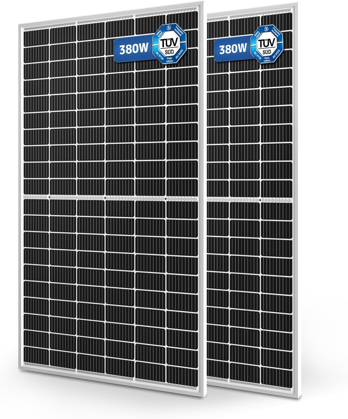 【TÜV・IEC認証】 LVYUAN(リョクエン) 380W ソーラーパネル 2枚入新技術 PERC 高性能 単結晶 動作電圧：35.2V 開放電圧 39.12V 次世代型 全並列 太陽光パネル 太陽光チャージ 変換効率21% 超高効率! 省エネルギー 小型 車、船舶、屋根、ベランダーに設置 災害対策