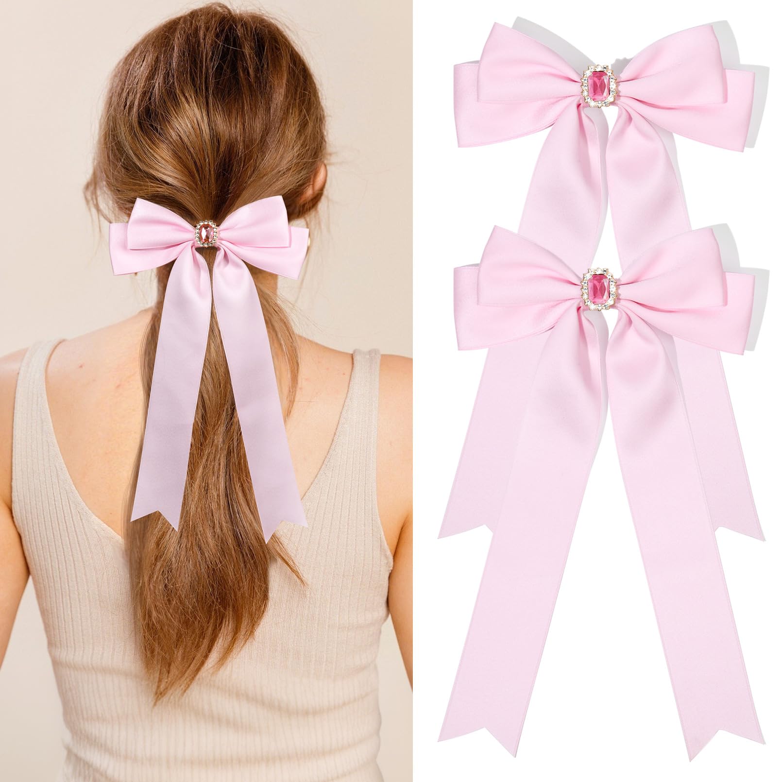 2PCS Hair Bows for Women Hair Clip Pink Hair Ribbon Rhinestone Hair Accessories Glitter Bowknot Long Hair Barrettes for Women Girls Toddlers Teens