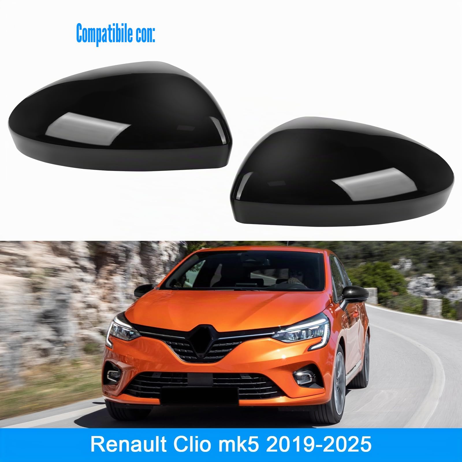 Cappuccio Dello Specchietto Retrovisore Compatibile con Renault Clio MK5 2019-2025, Tappo Copri Copertura per Auto, 963738293R 963749543R -1 Paio Nero | Calotta per specchietto retrovisore sinistro e destro, nero, 963738293R 963749543R