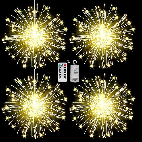 Techip - Cadena de luces de hada para fuegos artificiales, funciona con pilas, luz de cobre, 8 modos, regulable, decoración navideña, luces de hadas