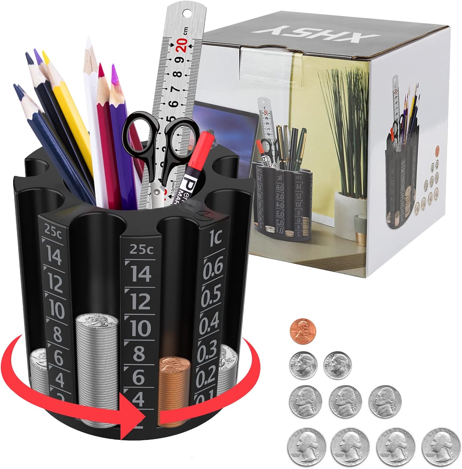 XHSY 2in1 Desk Organizer and Coin Sorter with Pen Holder